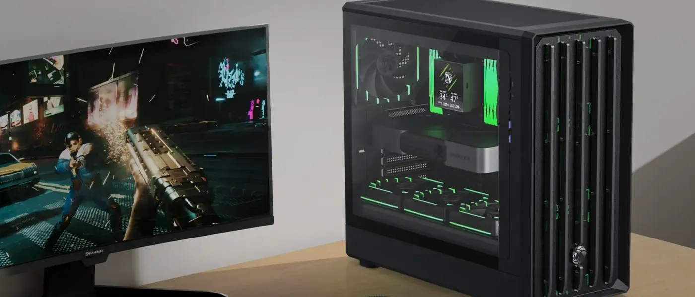 Gamemax CLAW 460 mid-tower gaming case in black shown from the front three-quarter angle