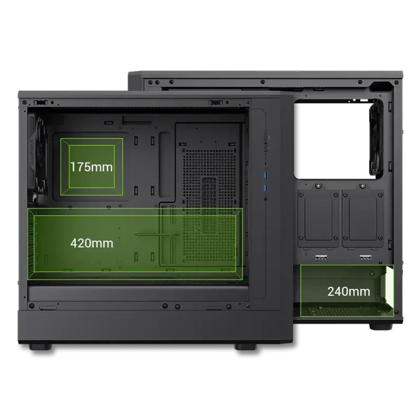 Diagram of the Gamemax CLAW mid-tower case size and dimensions