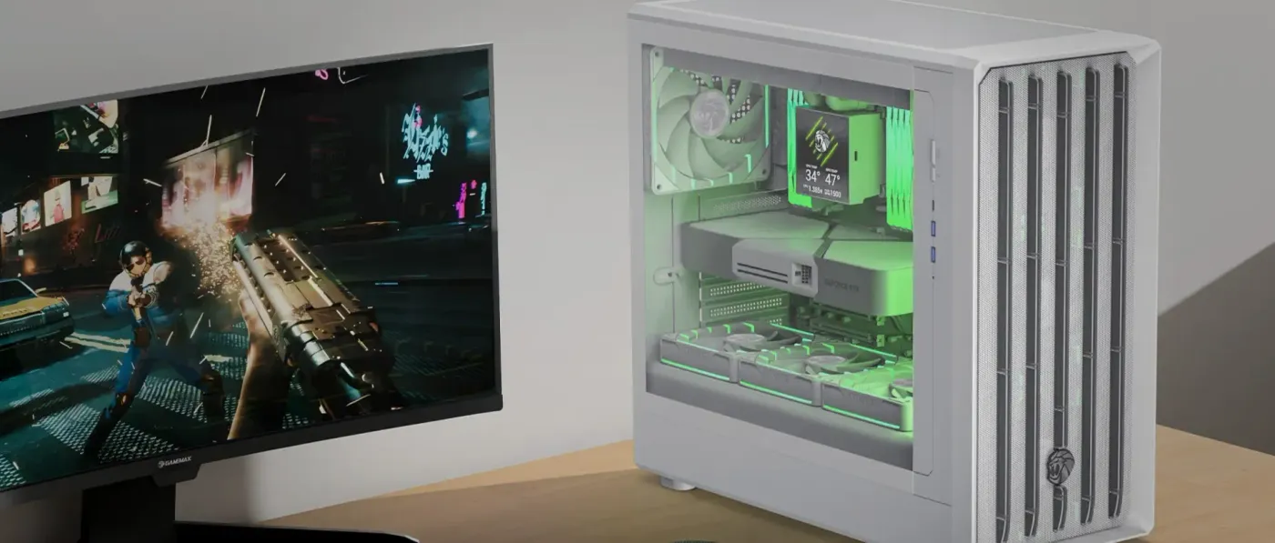 Gamemax CLAW 460 mid-tower gaming case in white shown from the front three-quarter angle