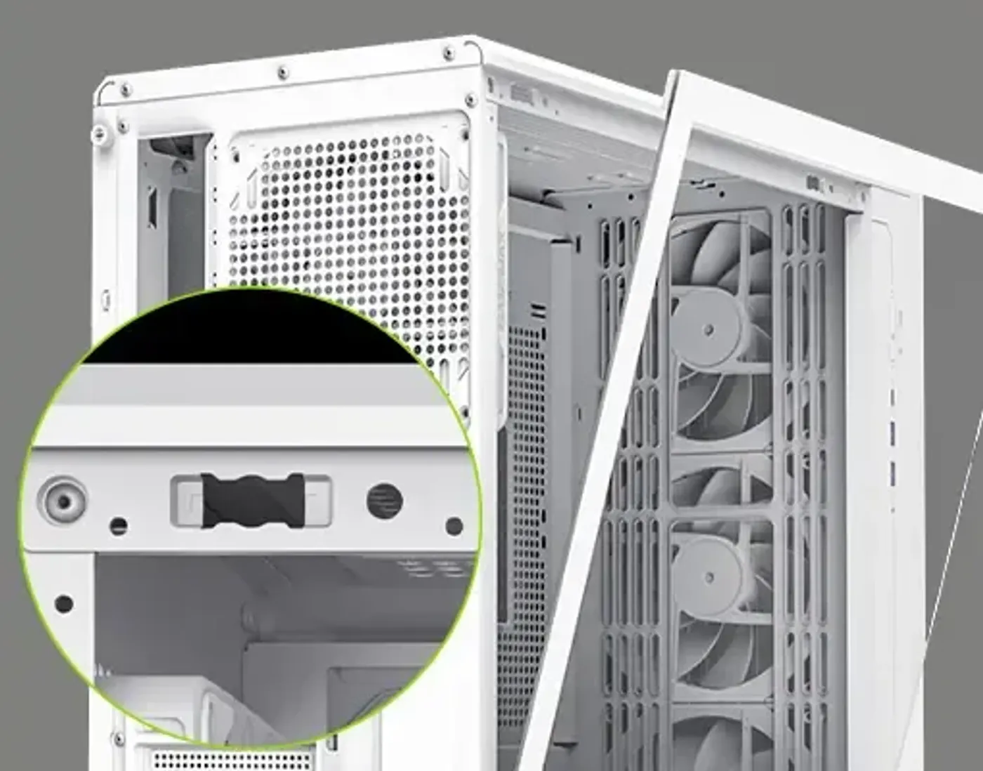 Interior of the white CLAW 460 showing the graphics card and cooling layout