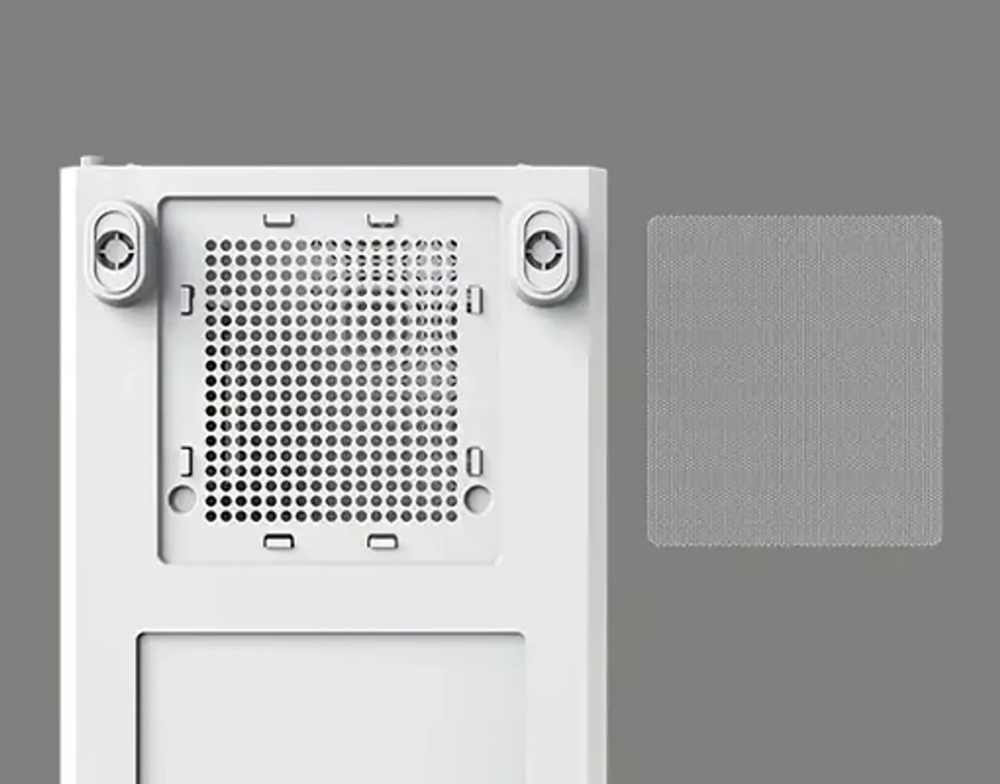 Tool-free tempered glass side panel being lifted off the white CLAW 460