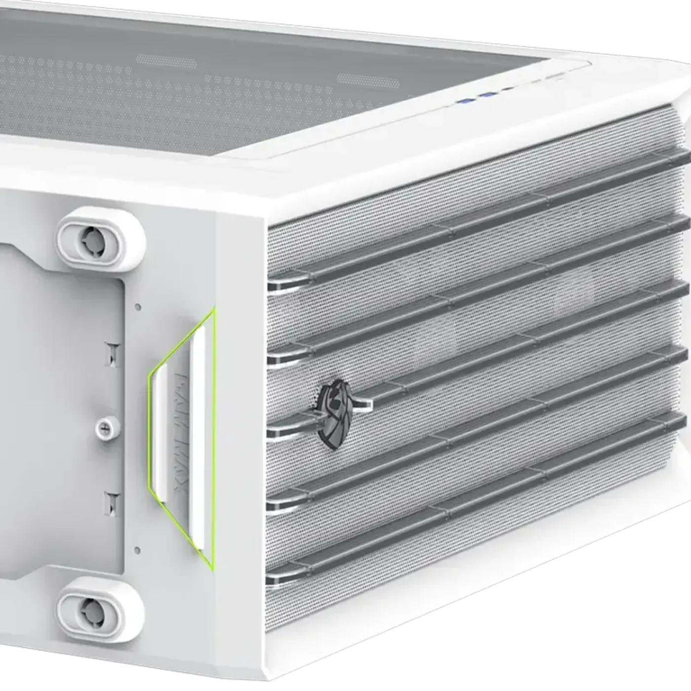 High-airflow mesh front panel of the white CLAW 460 shown in detail
