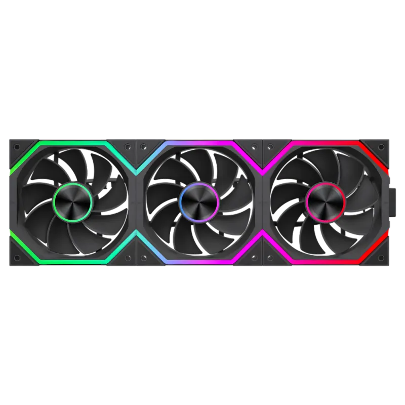 Fan showing reversible blades with visible ARGB lighting and aluminum pattern