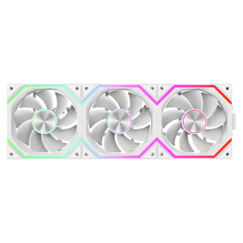 Fan showing reversible blades with visible ARGB lighting and aluminum pattern