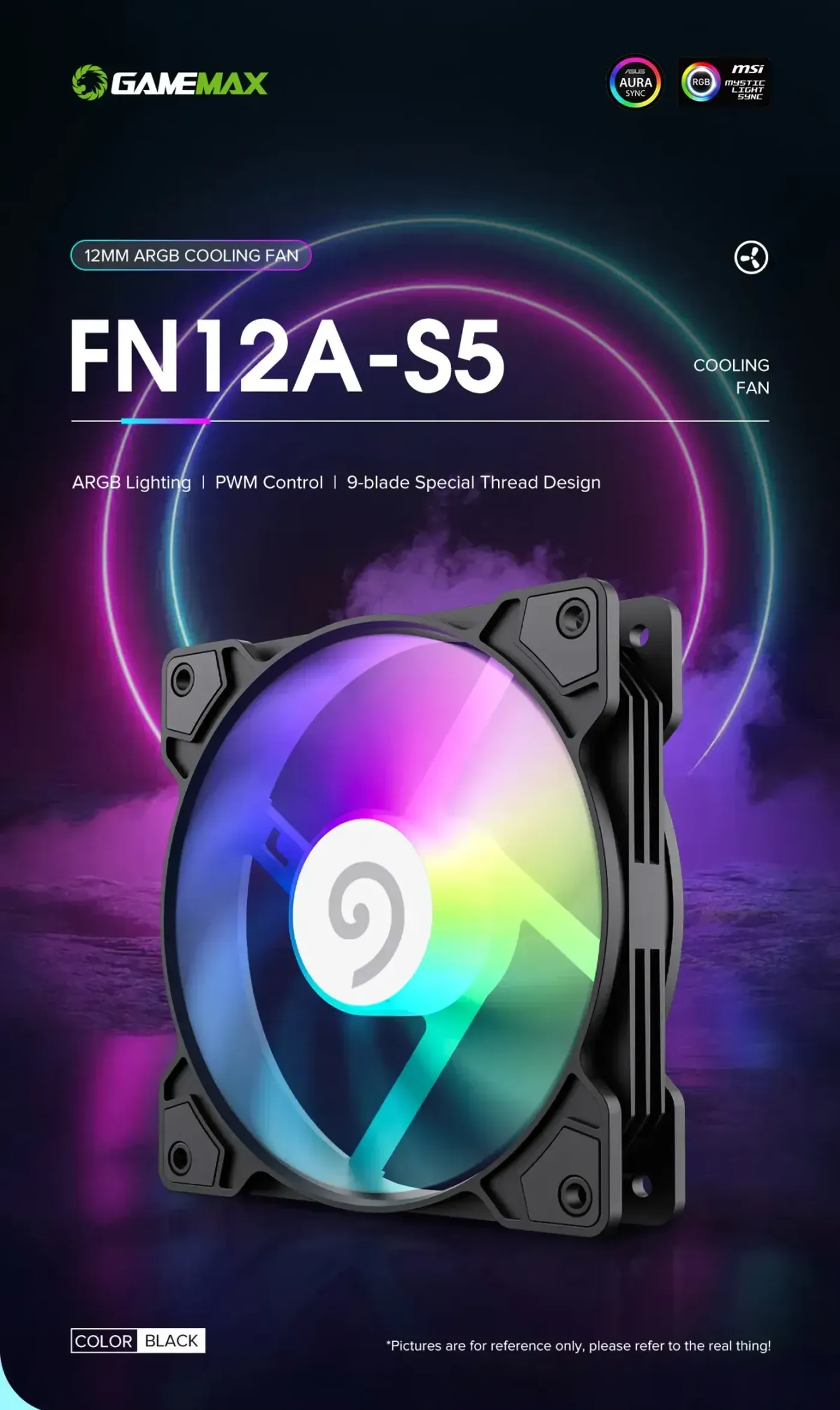 GAMEMAX FN12A-S5 120mm ARGB case fan in black