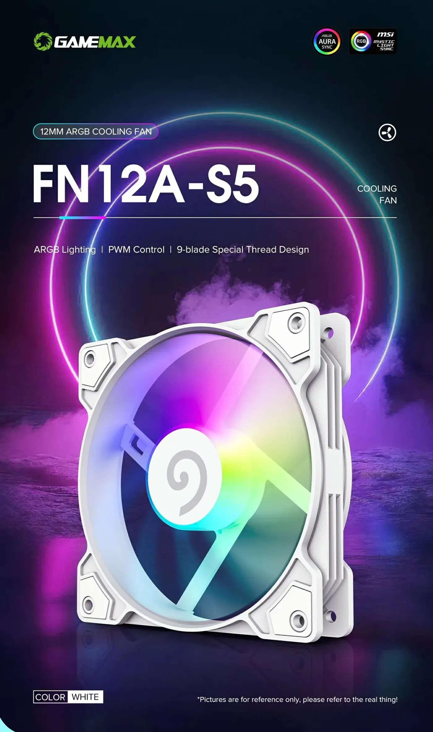 GAMEMAX FN12A-S5-W 120mm ARGB fan with a white frame