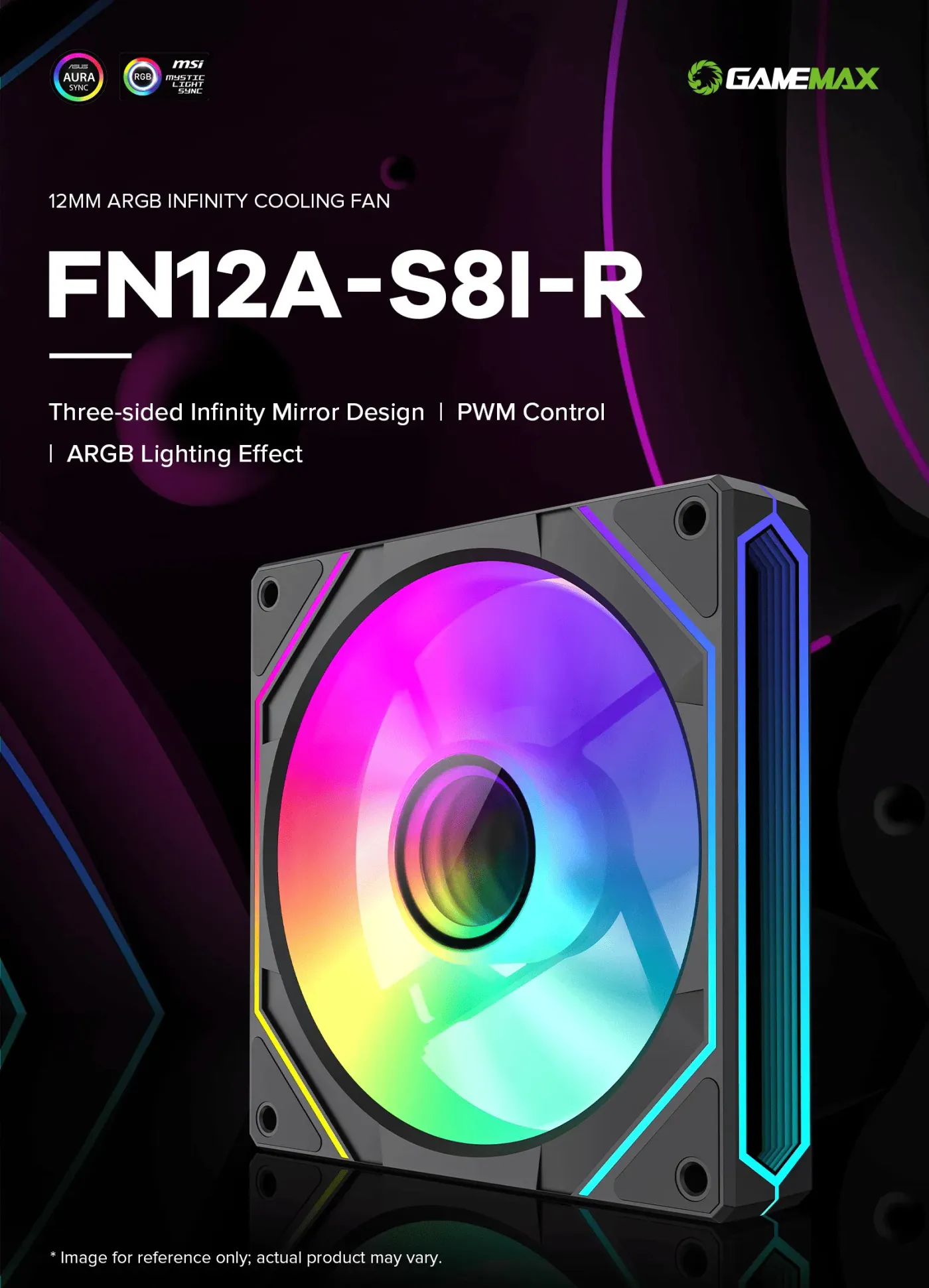 GAMEMAX FN12A-S8I-R 120mm reverse ARGB fan with a black frame