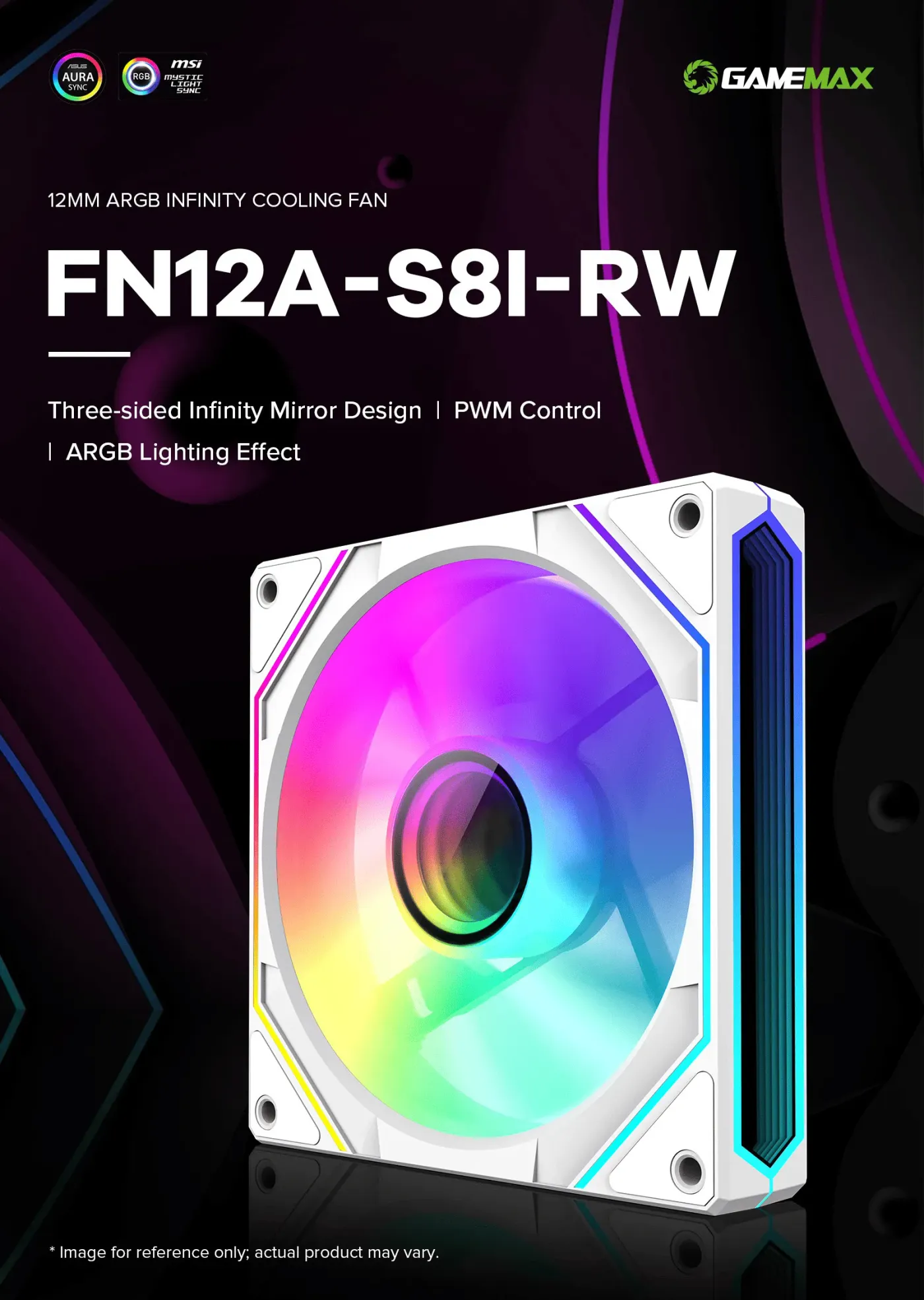 GAMEMAX FN12A-S8I-RW 120mm reverse ARGB fan with a white frame