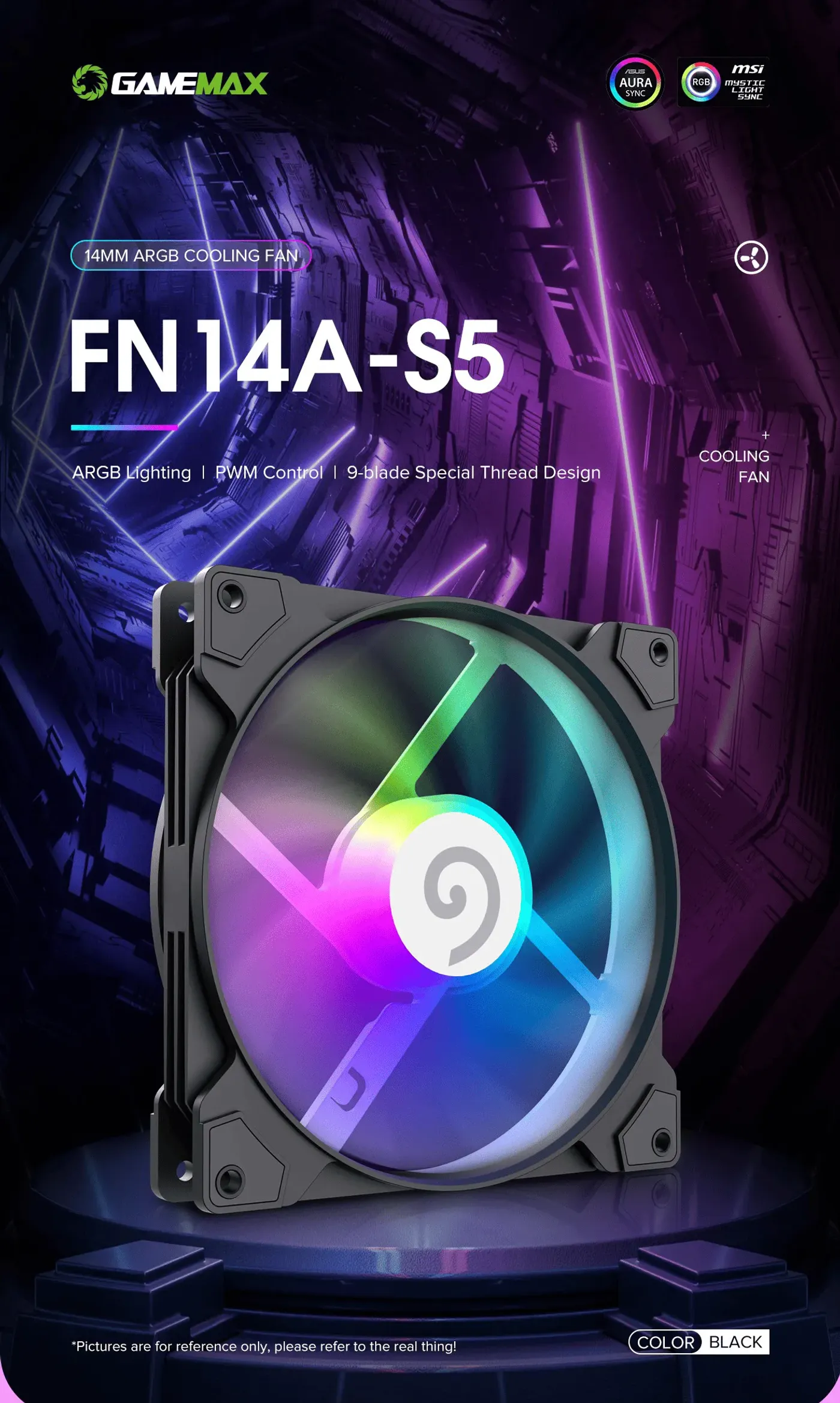 GAMEMAX FN14A-S5 140mm ARGB case fan with a black frame