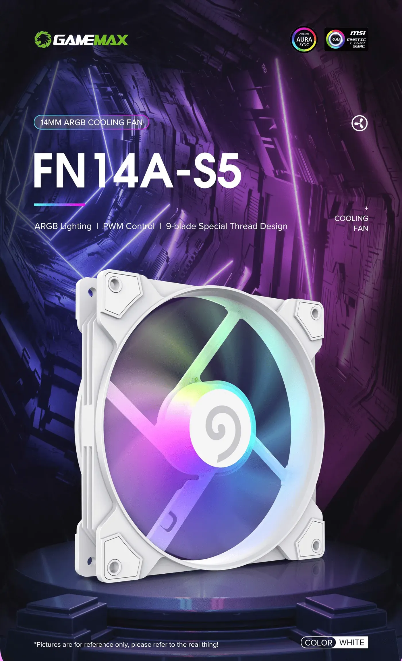 GAMEMAX FN14A-S5-W 140mm ARGB fan with a white frame shown from the front