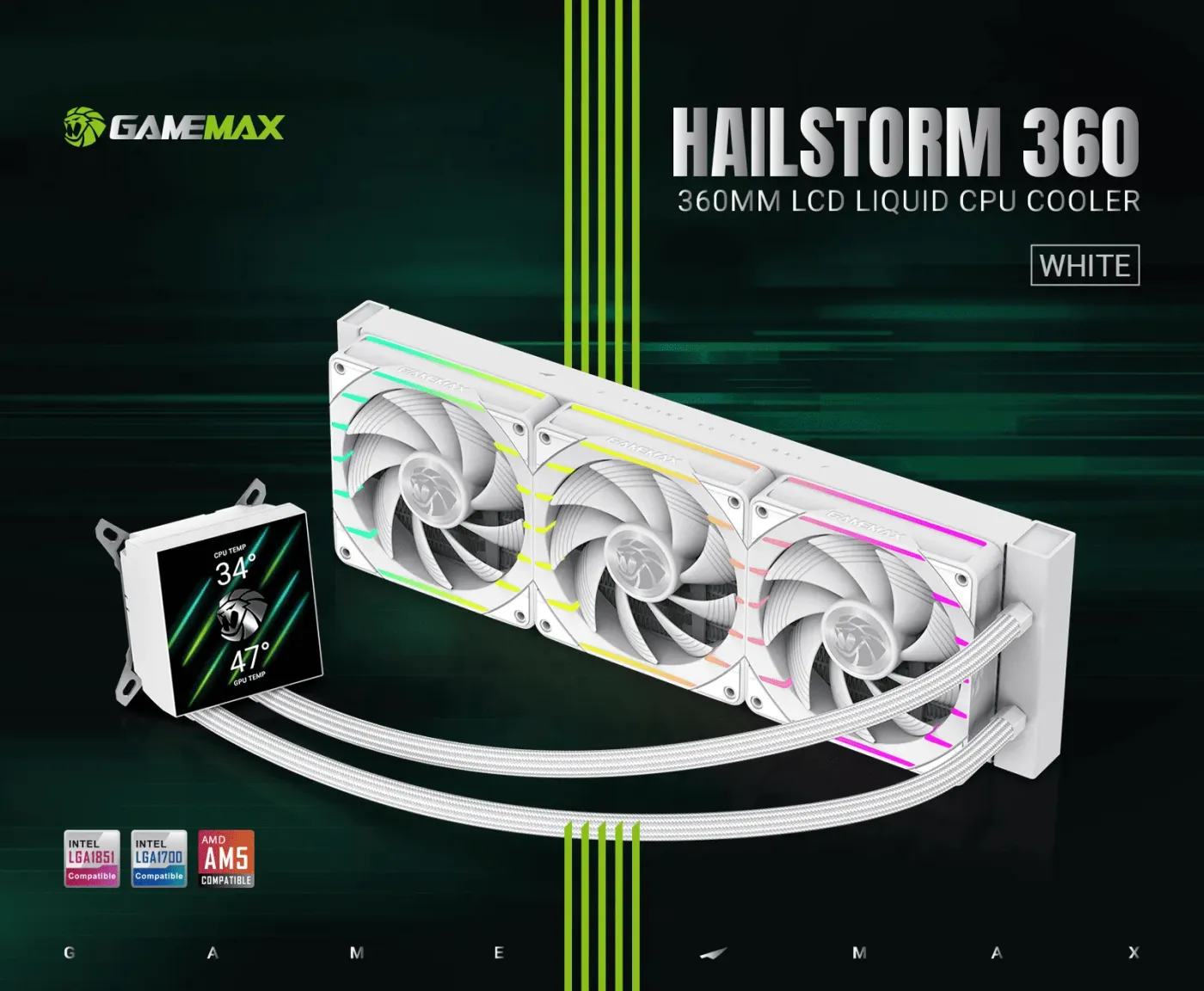 GAMEMAX HAILSTORM 360 white liquid cooler with its radiator and three fans