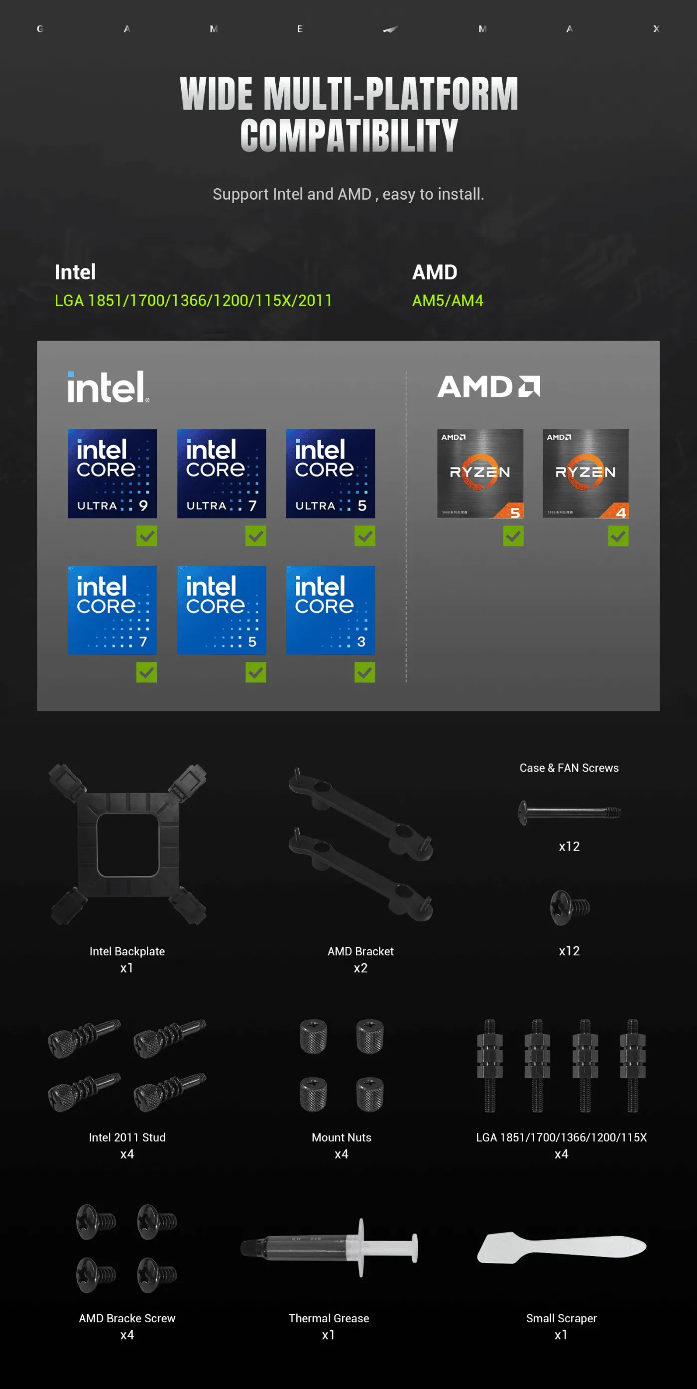 Intel and AMD mounting brackets supplied with the HAILSTORM 360