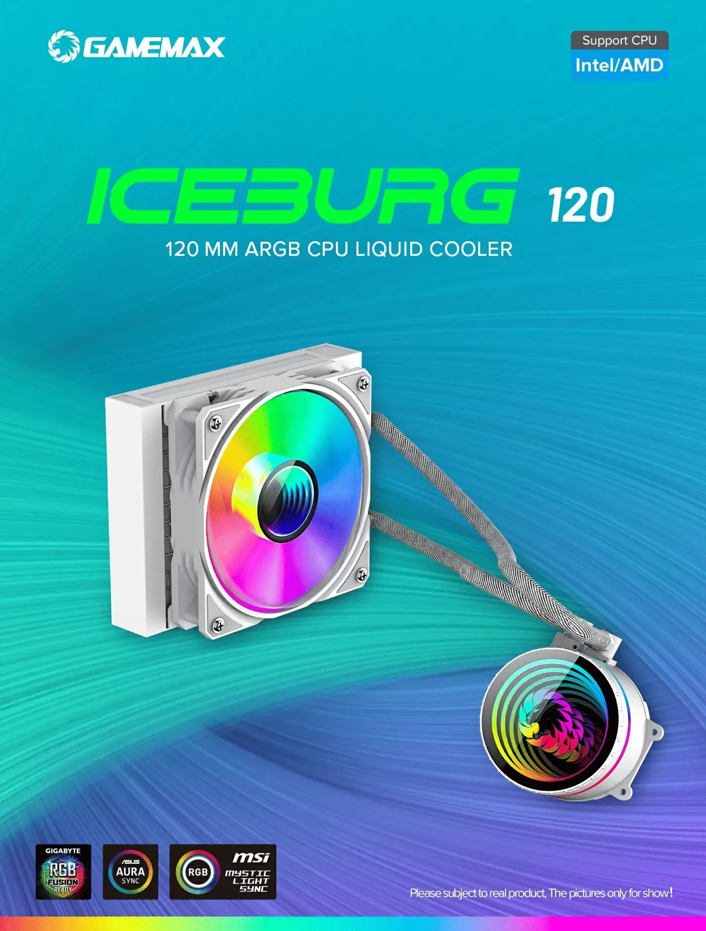 GAMEMAX Iceburg 120 white liquid cooler with pump head and radiator