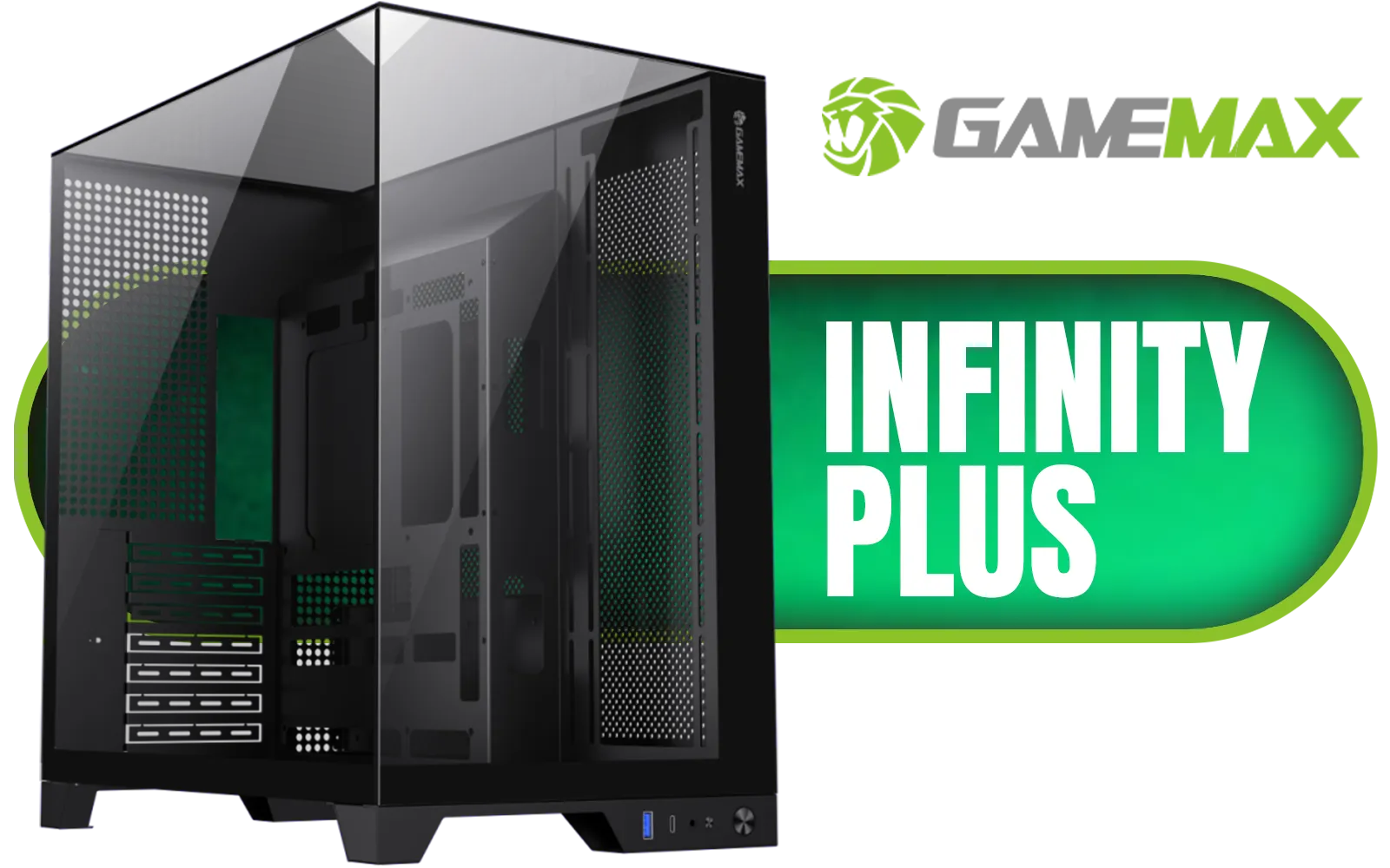 Gamemax Infinity Plus ATX Mid-Tower Gaming Case - Black /  Three Sided Tempered Glass / Support 8×120mm or 5×120mm + 2x140mm Fan Mounts / ATX, M-ATX, ITX Motherboard Support / Support BTF Motherboards / ATX PSU Support / Infinity-Plus-BK