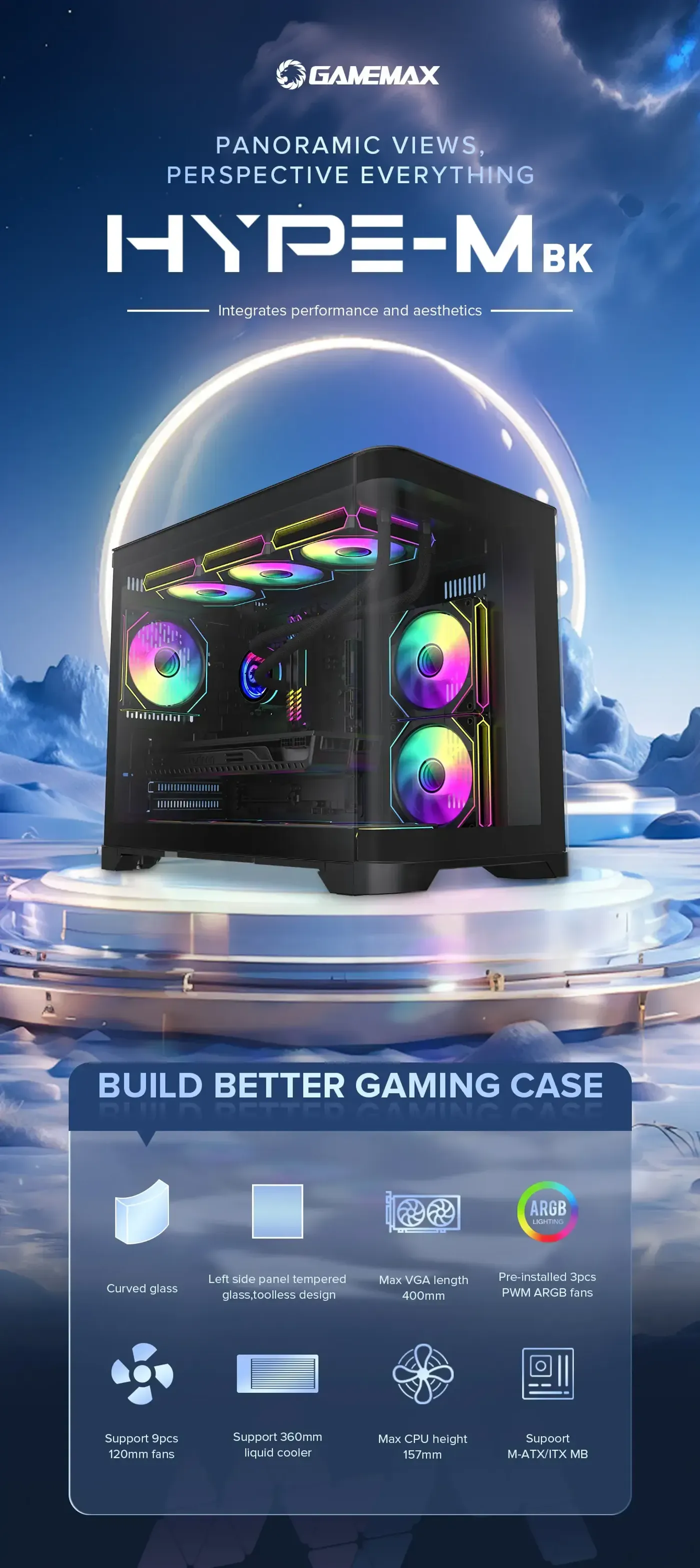 Gamemax HYPE-M black gaming case seen from the front and side
