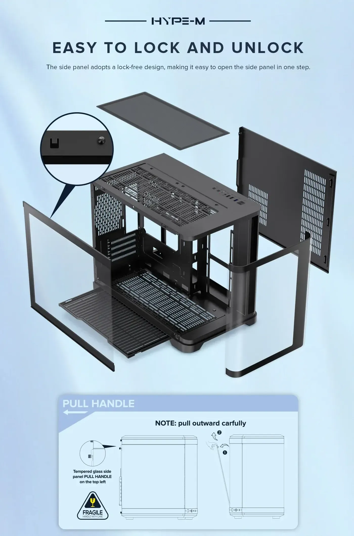 Side view of the HYPE-M case highlighting its ventilation and airflow path