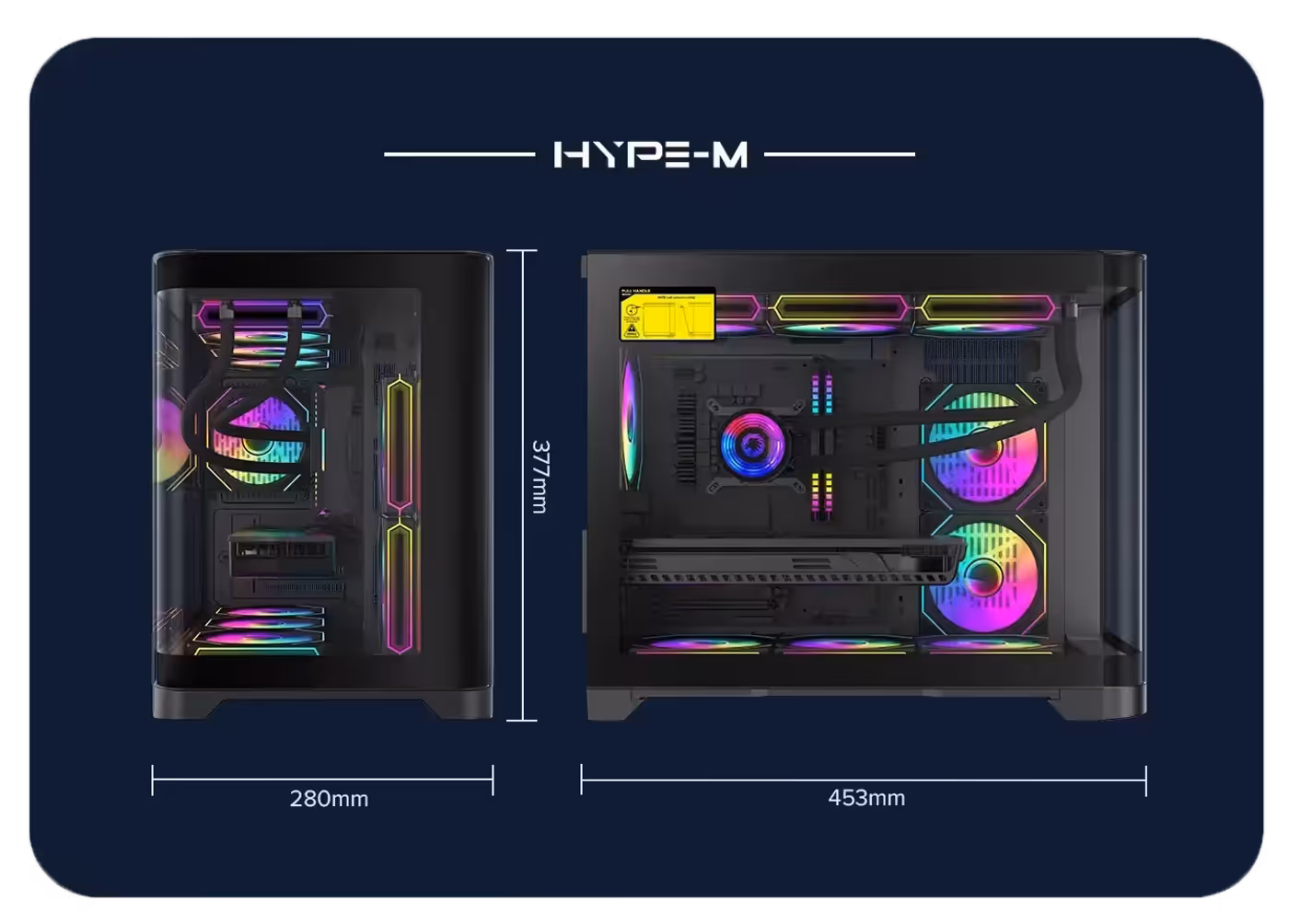 Full view of the Gamemax HYPE-M-BK gaming case and its cooling layout