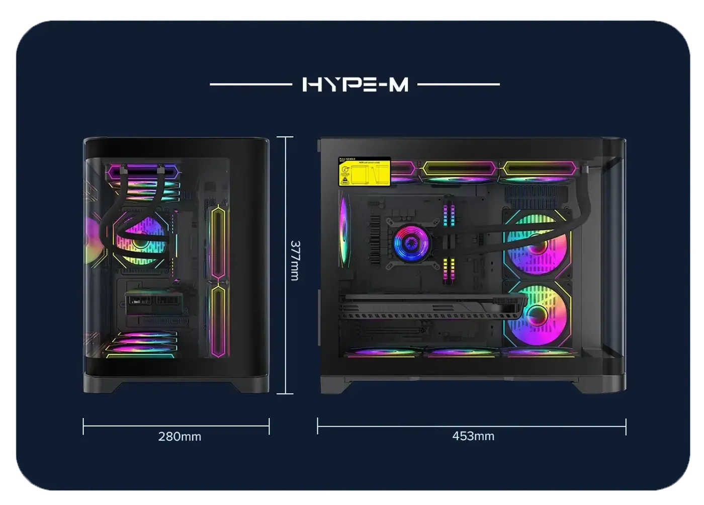 Full view of the Gamemax HYPE-M-BK gaming case and its cooling layout