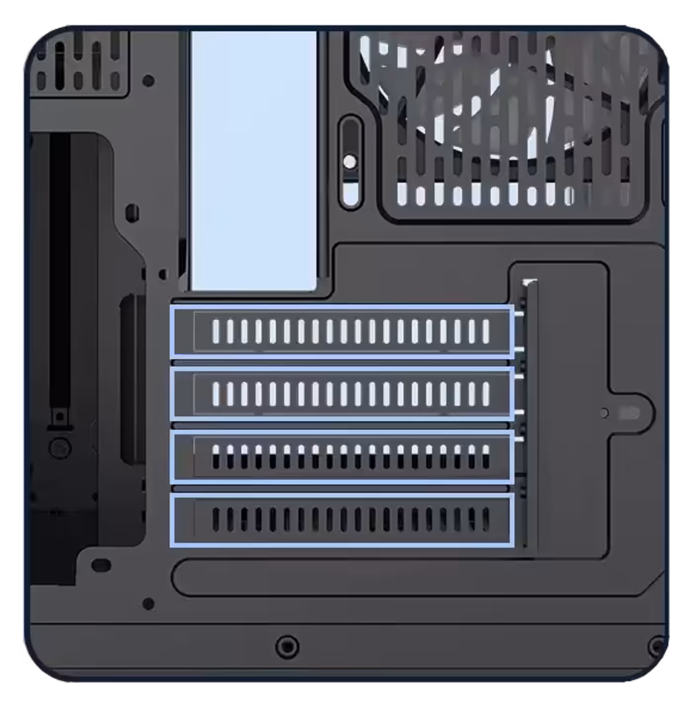 The HYPE-M case with its side panel removed, ready for assembly