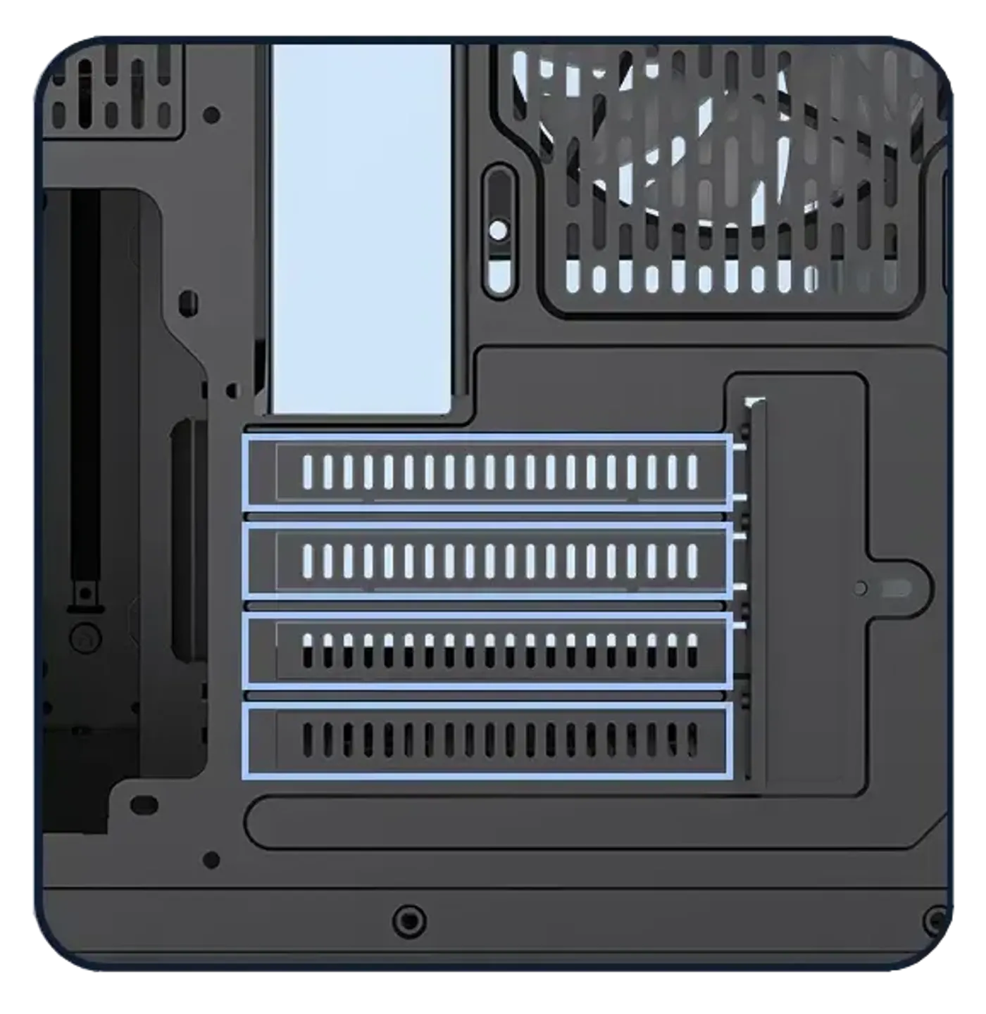 The HYPE-M case with its side panel removed, ready for assembly