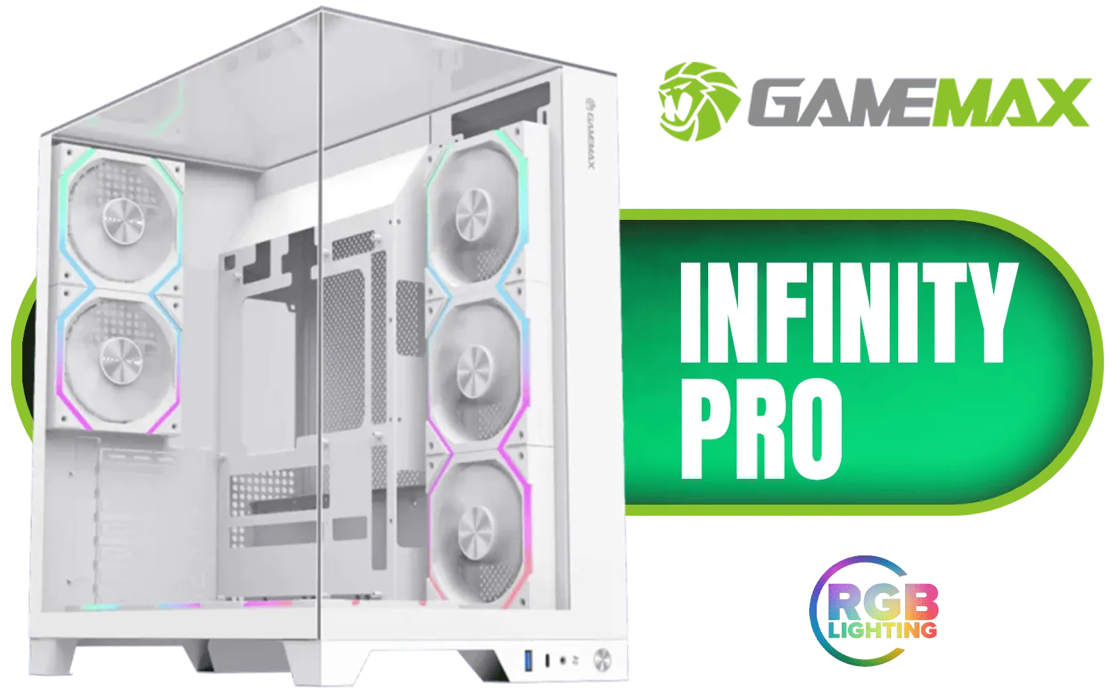 Gamemax Infinity Pro ATX Gaming Case - White / Supports ATX, M-ATX & ITX Motherboards / Supports BTF Motherboards / Supports up to 8x Fans (2x 120mm Included) / Panoramic Tempered Glass Design / Infinity-Pro-WH