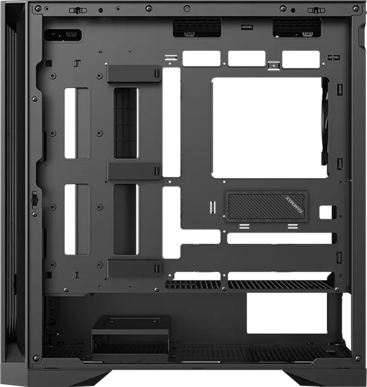 Detailed view showing BTF motherboard compatibility and cable management space