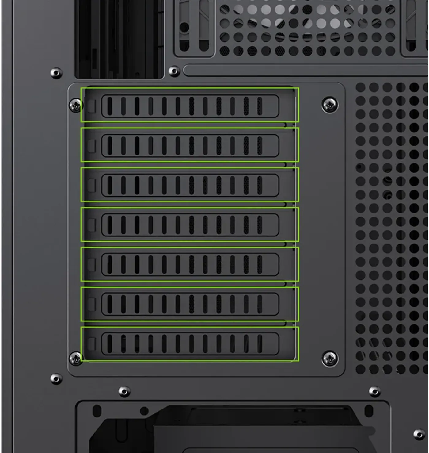 Detailed view of the 7+5 PCI-E expansion slots