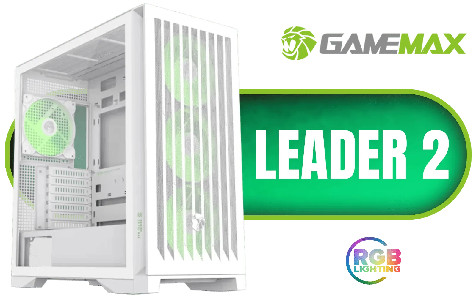 Gamemax Leader 2 E-ATX Mid-Tower Gaming Case - White / Tempered Glass Side Panel / Support 9×120mm or 8×140mm Fan Mounts / 4 Pre-installed 140mm ARGB Fans + Dedicated Controller / E-ATX, ATX(+ BTF), M-ATX(+ BTF), ITX Motherboard Support / ATX PSU Support / LEADER-2-WH