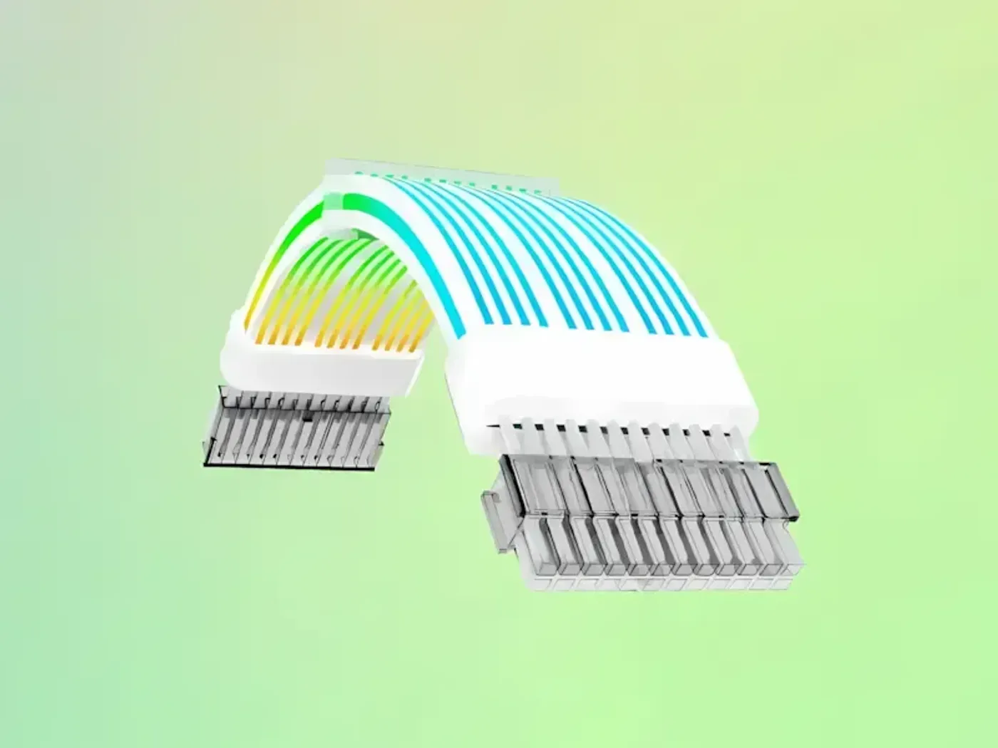 White 24-pin extension cable routed behind a shroud towards the motherboard connector
