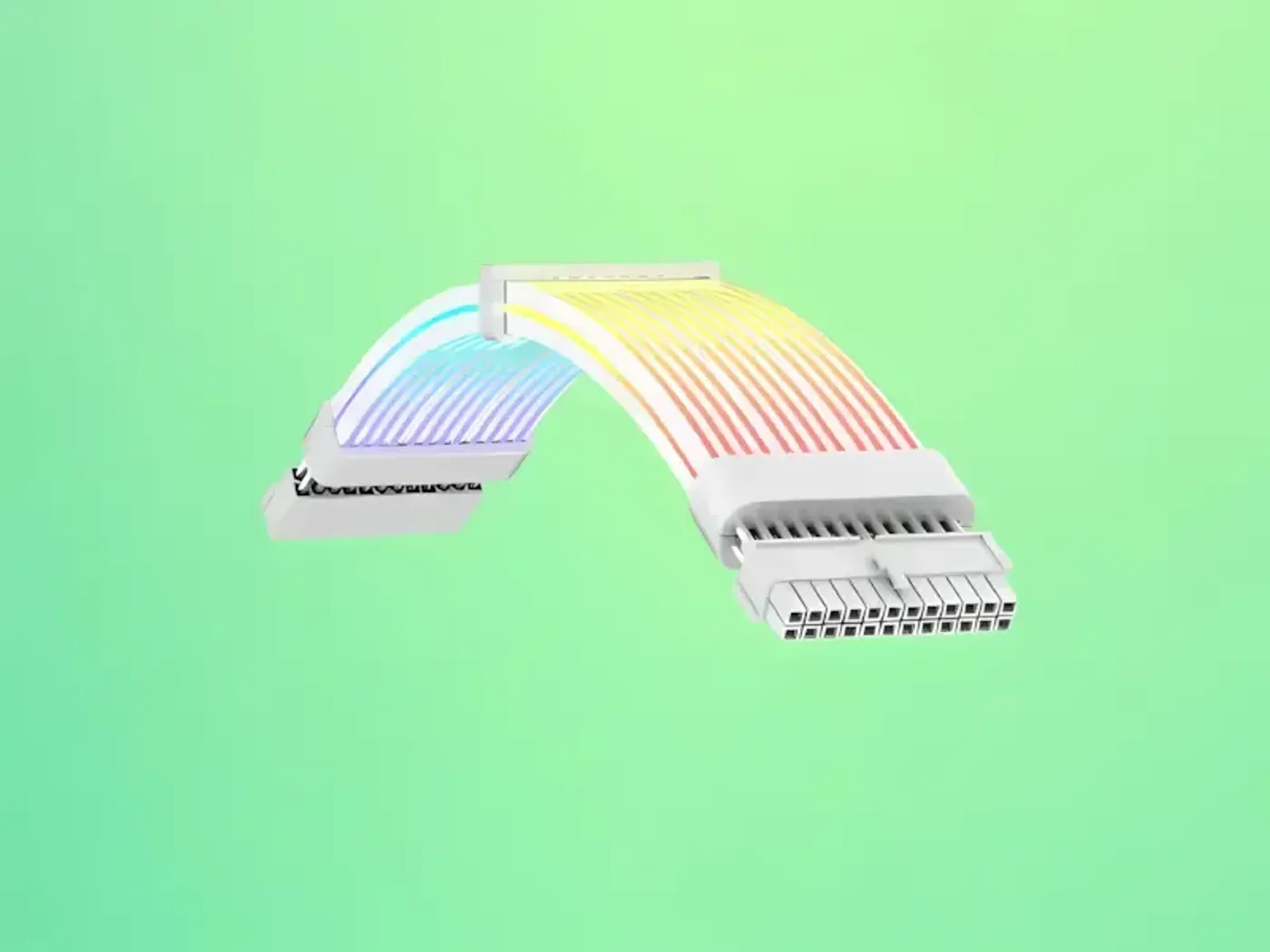 The 24-pin ARGB extension cable being plugged in between PSU cable and motherboard