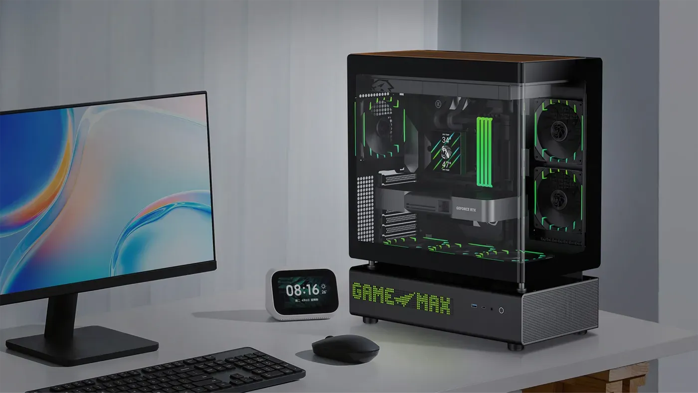 Gamemax N90 black ARGB mid-tower case with the dot matrix front panel lit and curved glass side visible