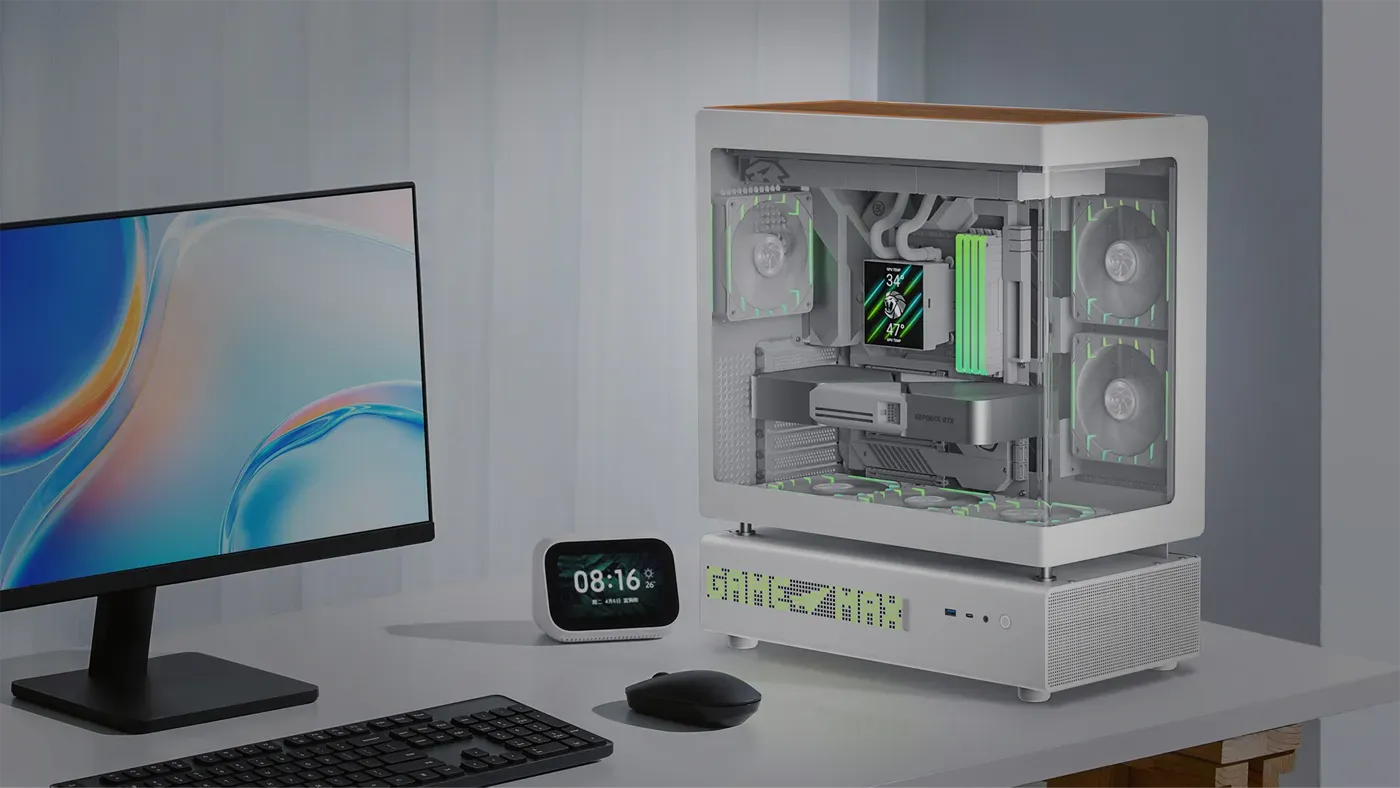 Gamemax N90 white ARGB mid-tower case with the dot matrix front panel lit and curved glass side visible