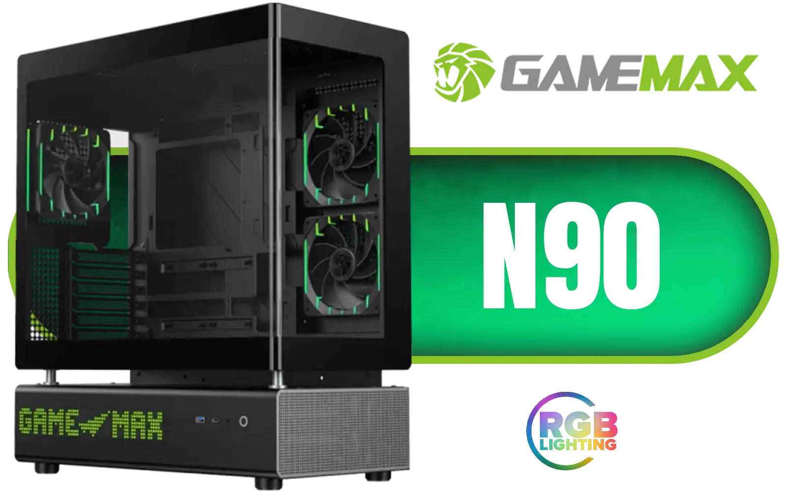 Gamemax N90 ATX Mid-Tower Gaming Case - Black / Modular Dual-Chamber Design / 512-LED Dot Matrix Display / 270° Panoramic Curved Glass Panel / ATX, M-ATX, ITX (BTF) Motherboard Support / ATX PSU Support / Support 9x 120mm or 6x 120mm + 2x 140mm Case Fans / Includes 6x 120mm ARGB Case Fans / N90-BG