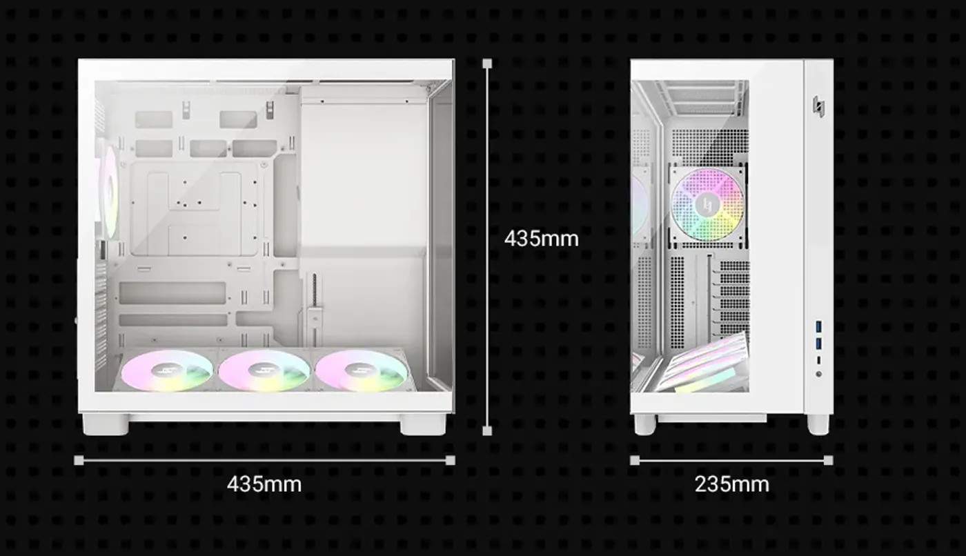 NEX C53 WH case size and compatibility diagram showing motherboard and cooler clearances