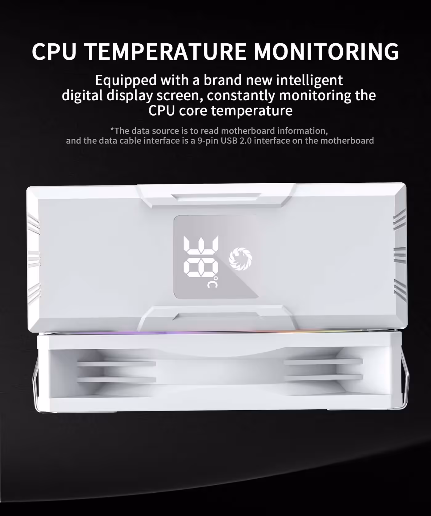 Close-up of the smart digital display showing live CPU temperature