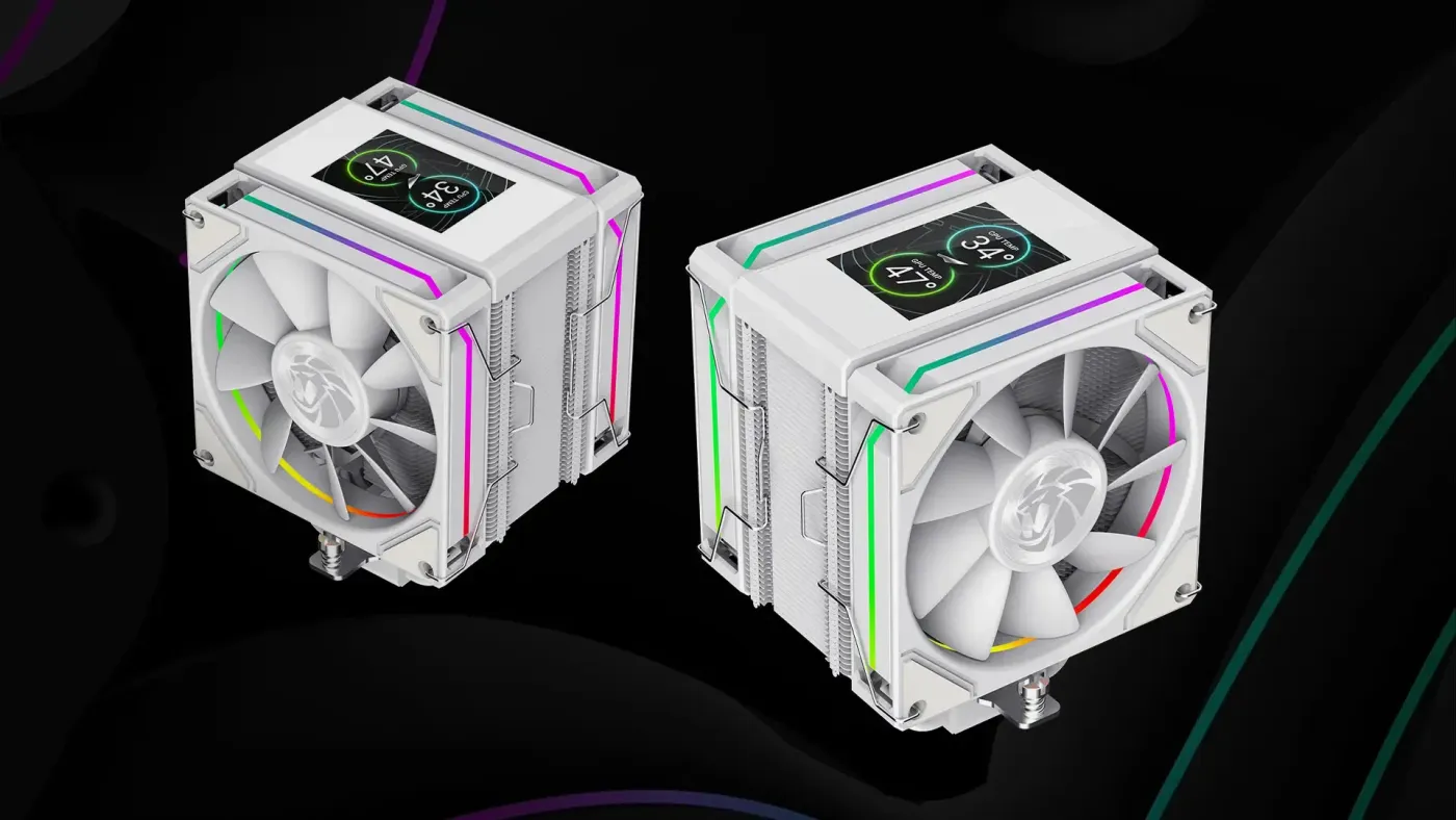 GameMax Sigma 620 white dual-fan CPU cooler featuring a customizable system status LCD display