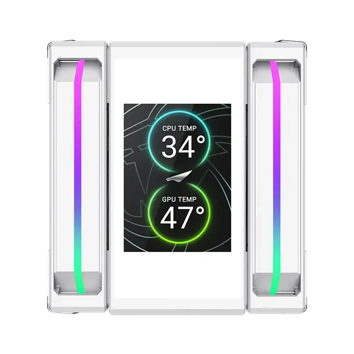 Close-up of the integrated 2.8 inch customizable system stats monitor screen