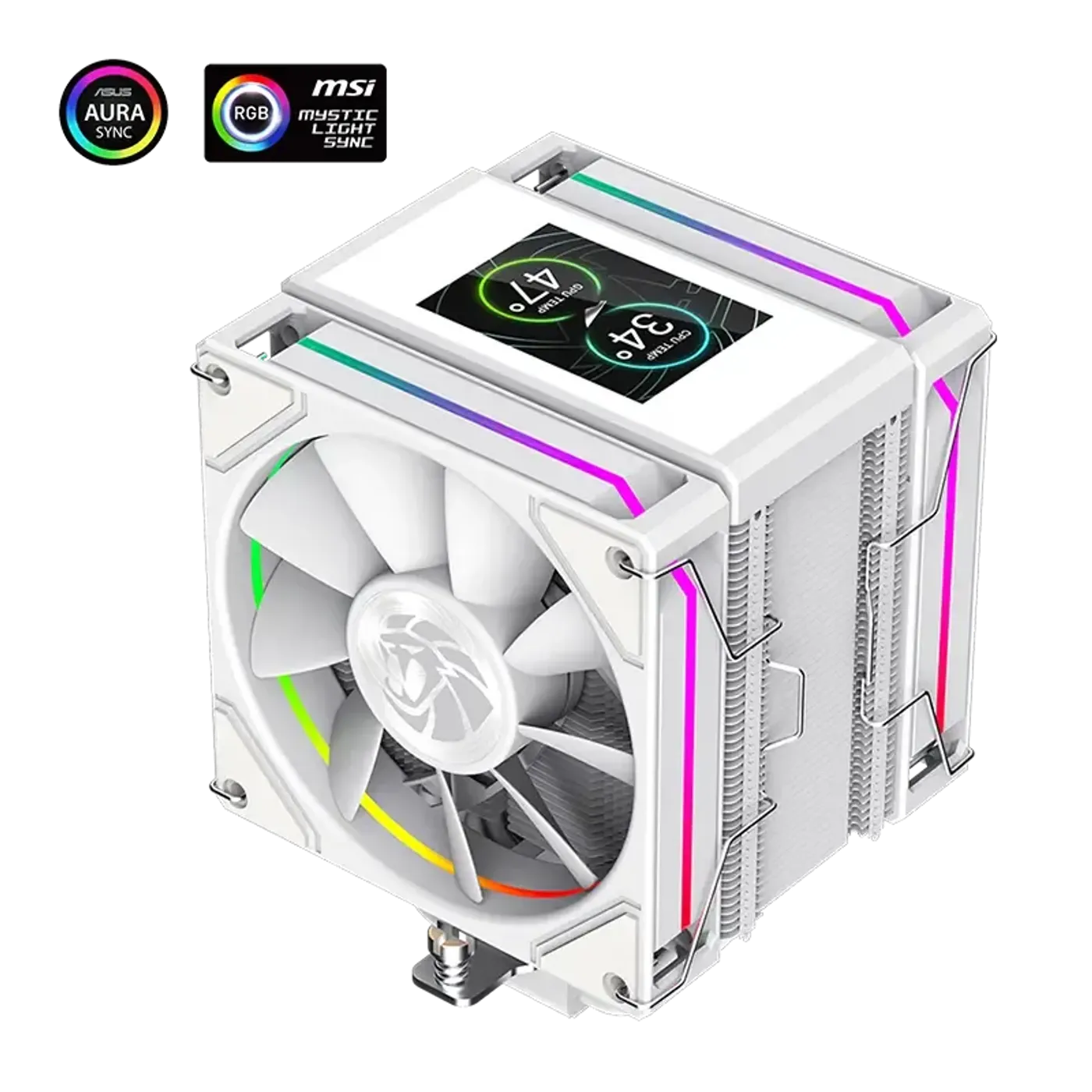 Addressable RGB ring-style lighting effects illuminating the dual 120mm fans