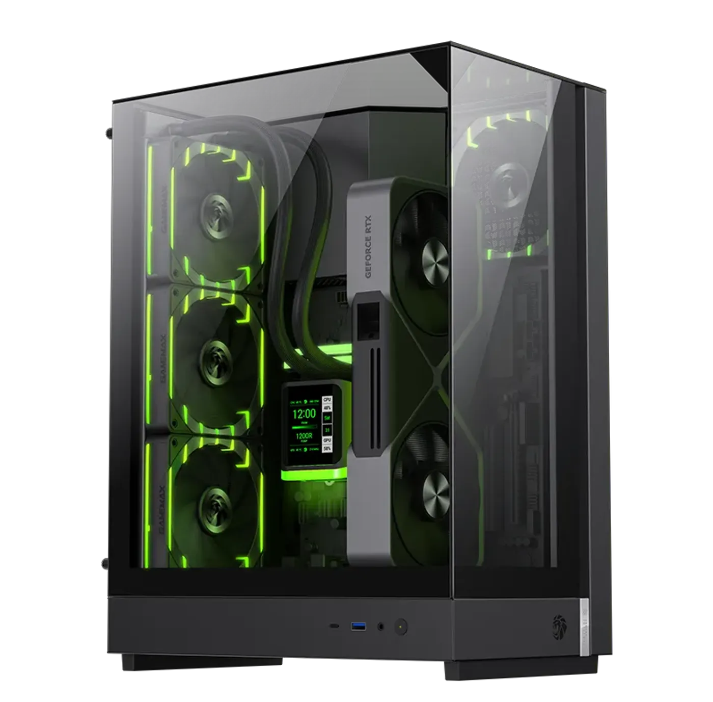 Gamemax T20 M-ATX gaming case showcasing three-sided tempered glass panoramic view