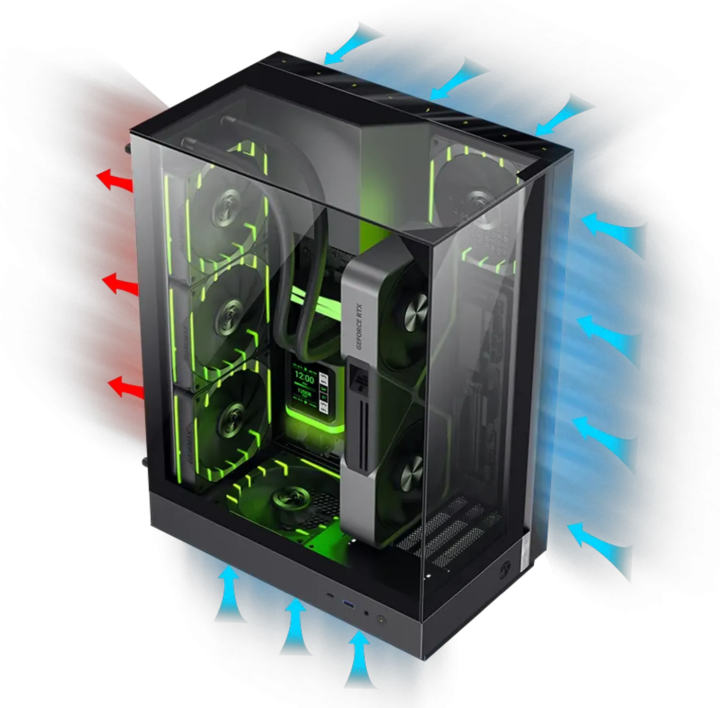 Gamemax T20 interior showcasing the 90-degree motherboard rotation for improved airflow