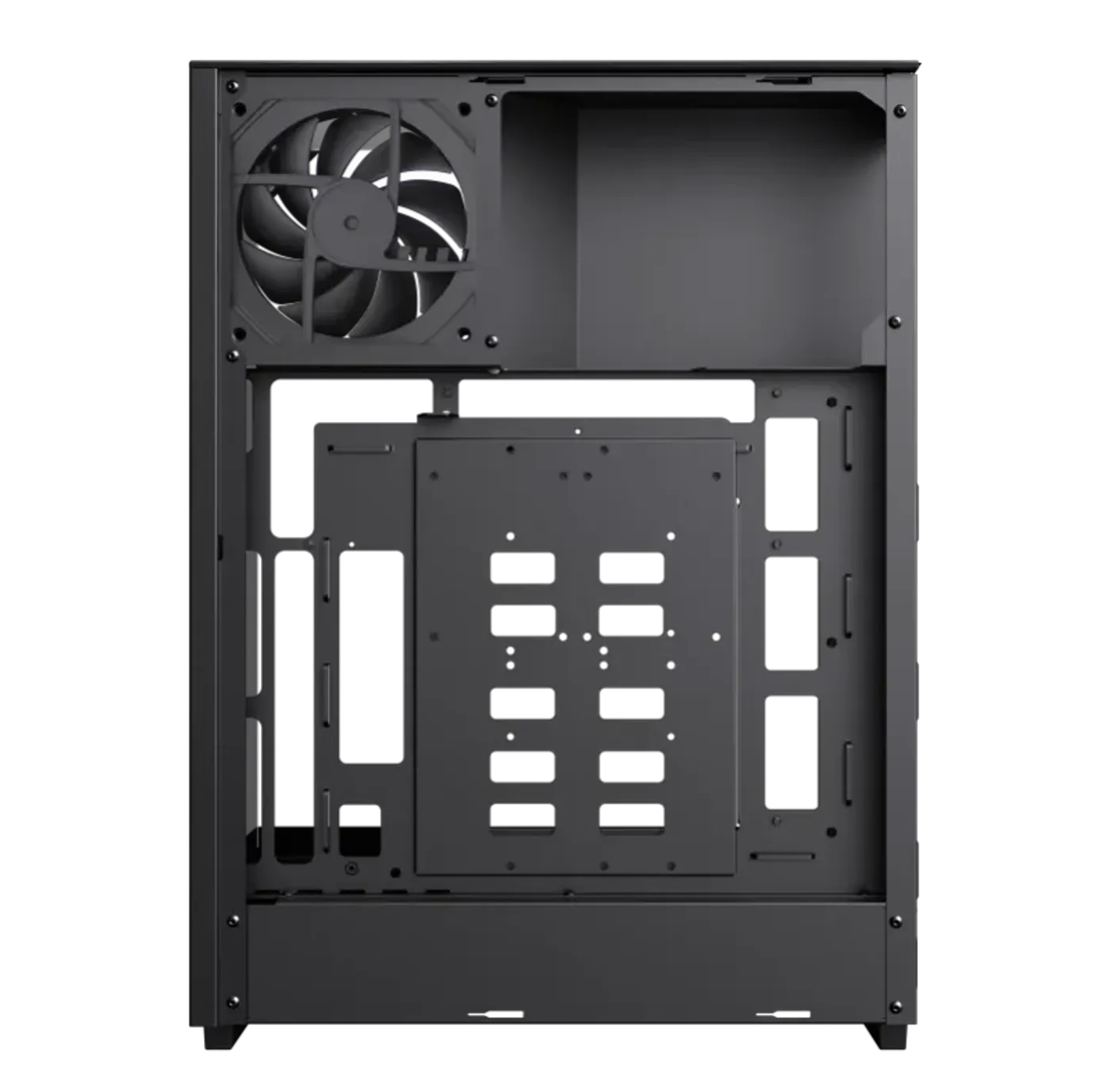 Gamemax T20 internal layout supporting BTF motherboards for seamless cable management