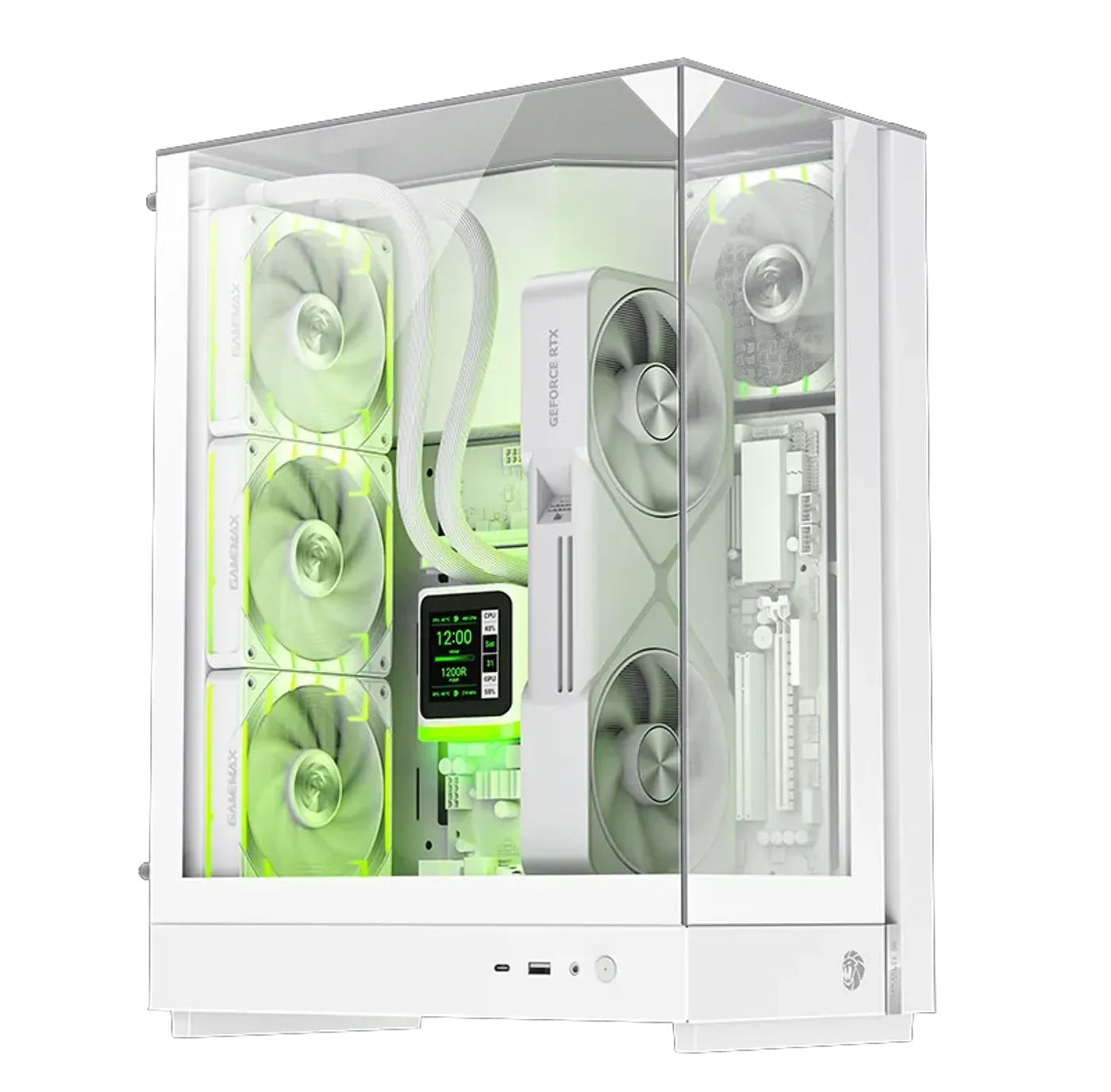 Front view of the Gamemax T20 M-ATX gaming case with tempered glass panels