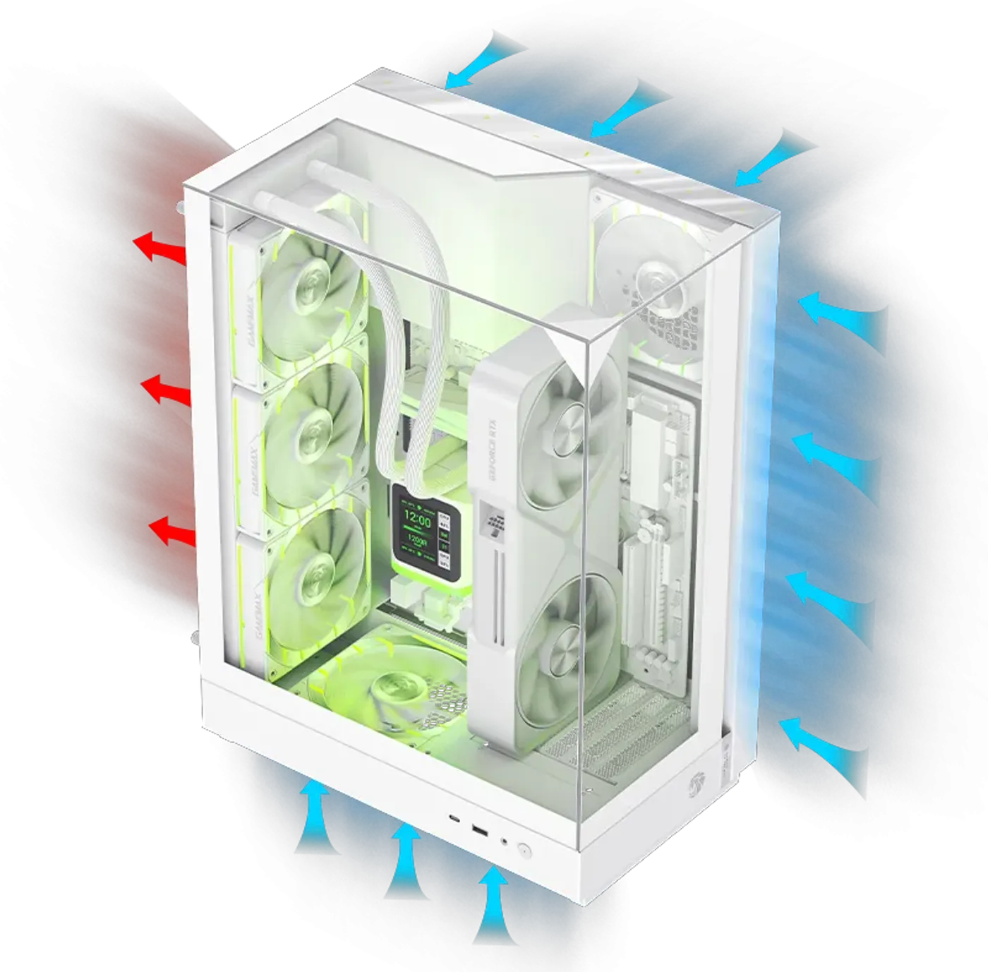 Interior view showing the Gamemax T20's 90-degree rotated motherboard layout