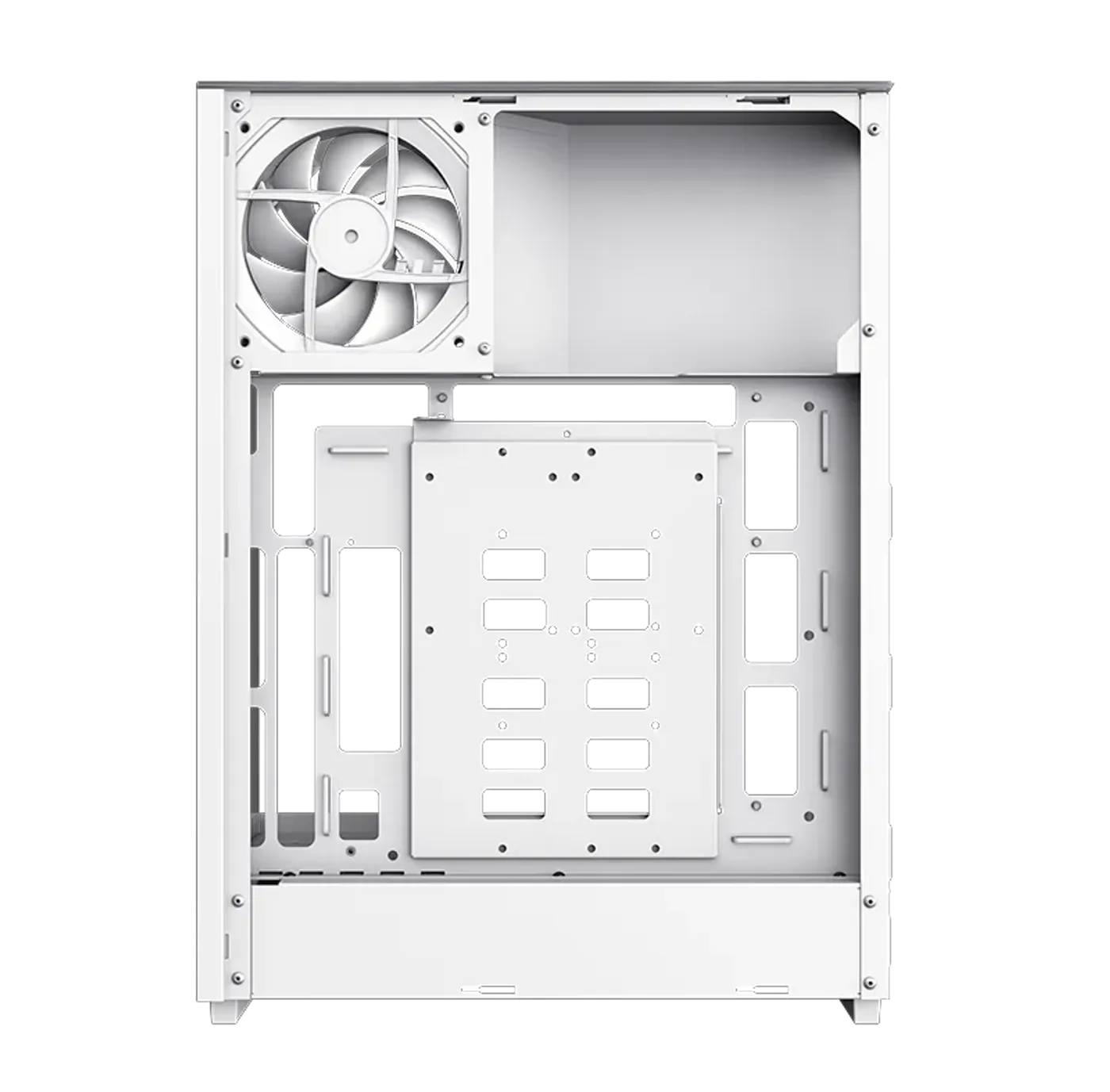 Gamemax T20 interior showcasing BTF motherboard support for hidden cable management