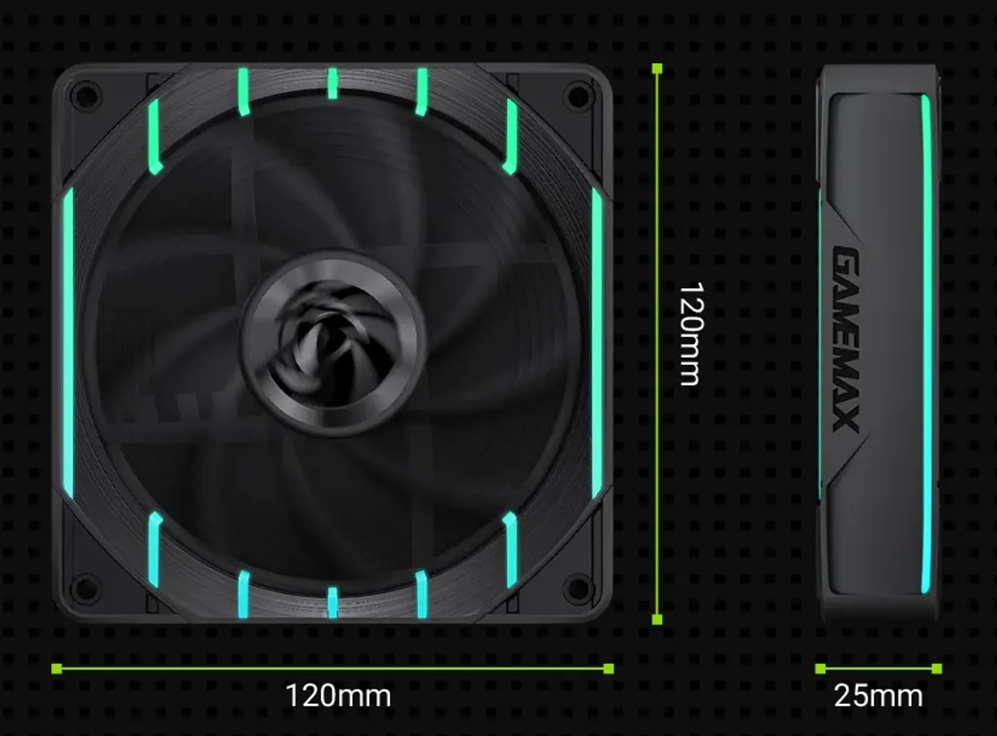 GAMEMAX PC case fan size comparison and dimension reference chart