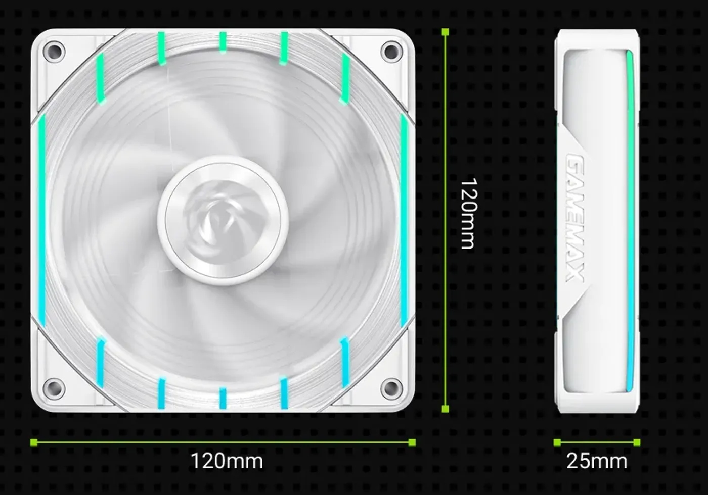 GAMEMAX PC case fan size comparison and dimension reference chart