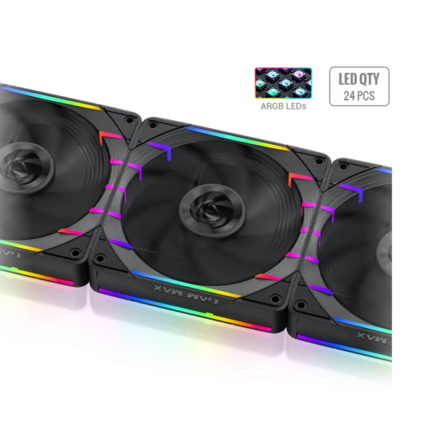 GAMEMAX fan showcasing 24 ARGB LEDs with claw mark lighting design