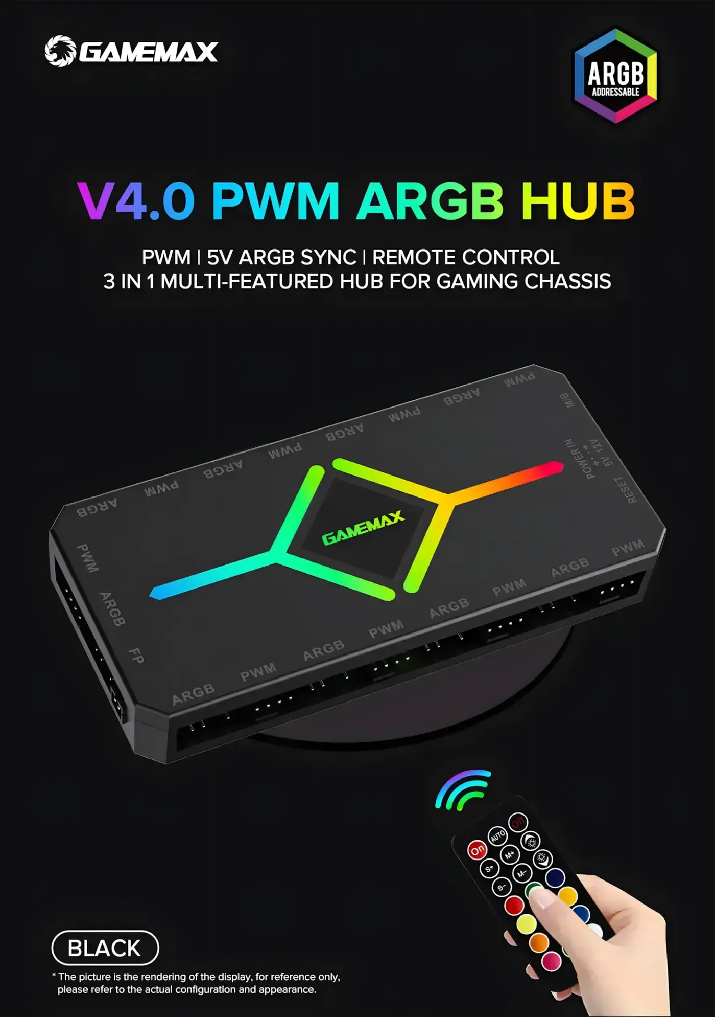 Gamemax V4.0 PWM ARGB fan hub in black shown from above
