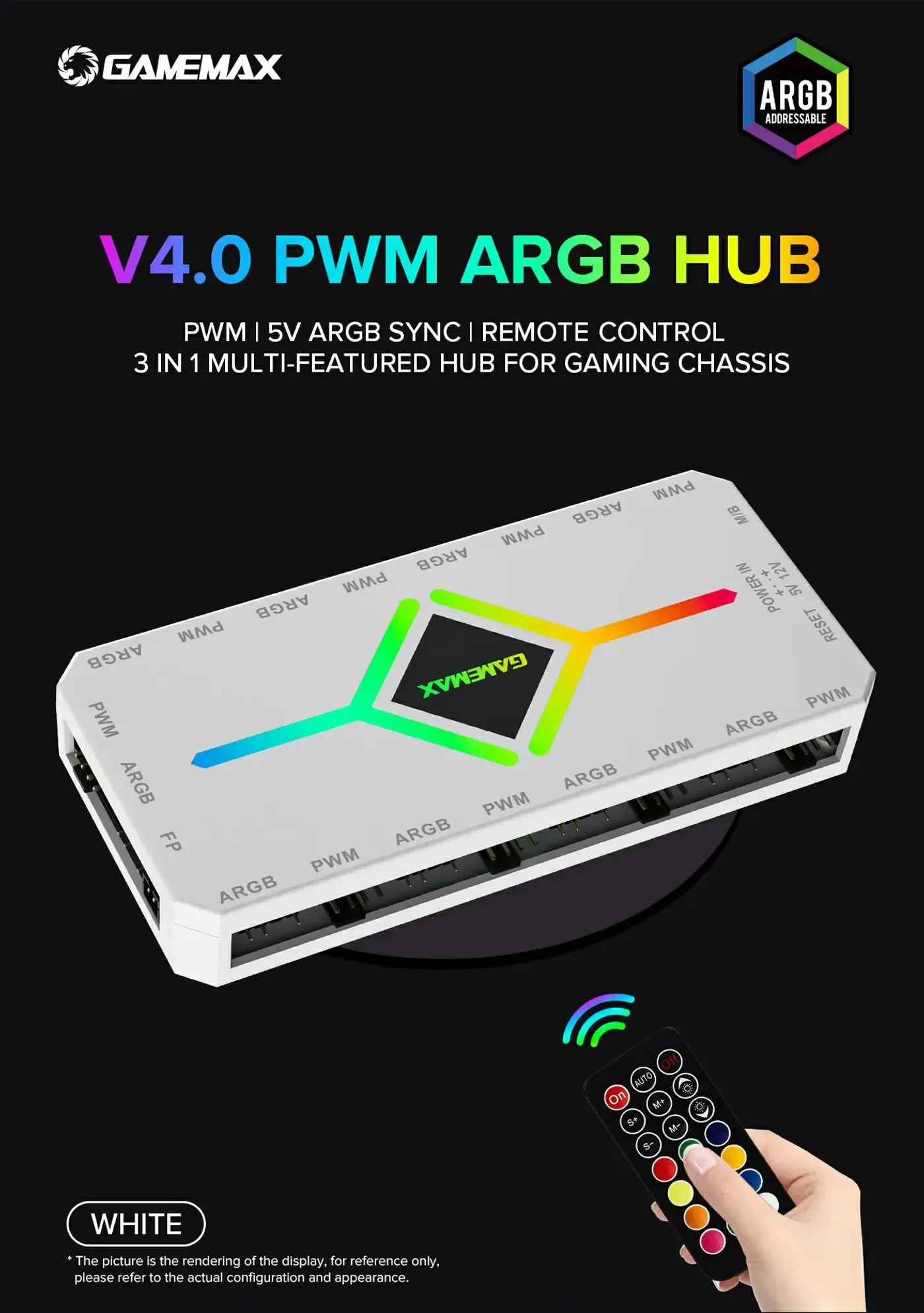 GameMax V4.0 PWM ARGB fan hub in white shown from above