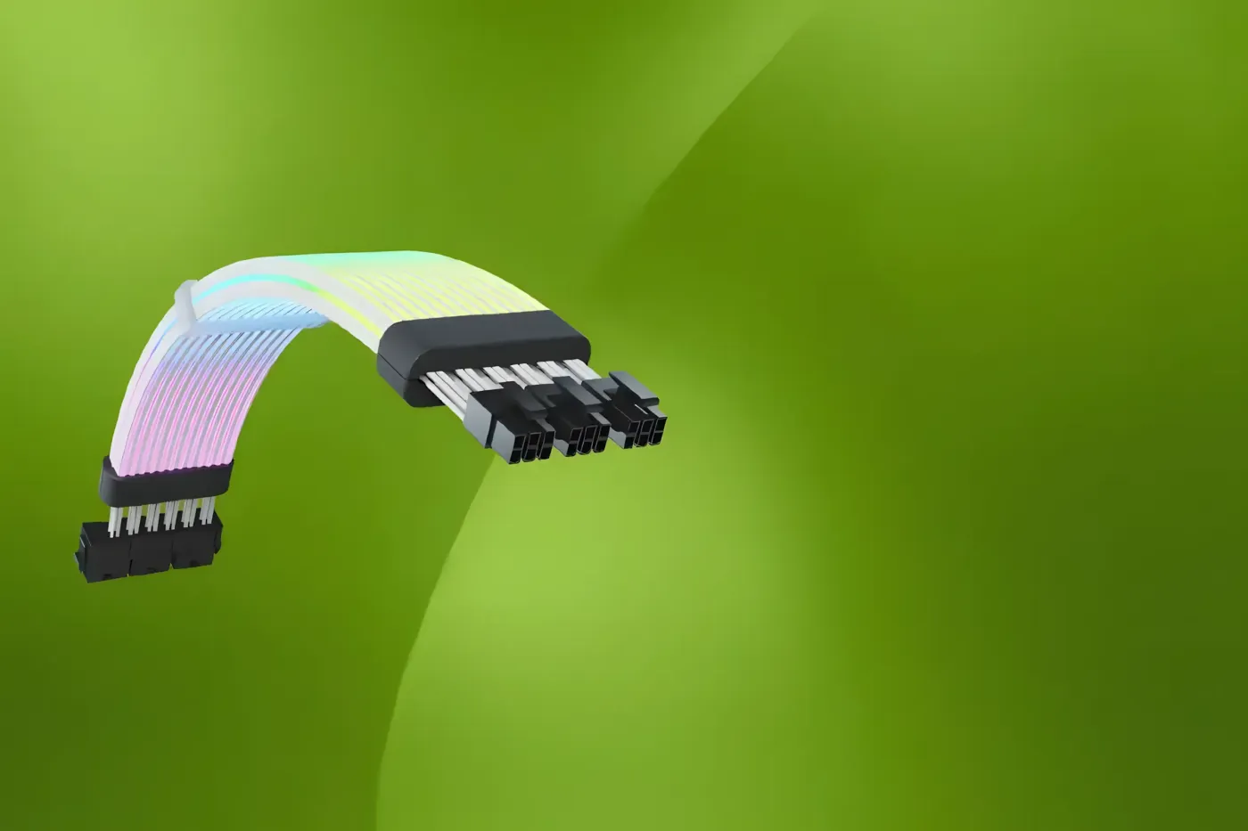 Neatly routed black GPU power extension cable with ARGB lighting inside a dark case